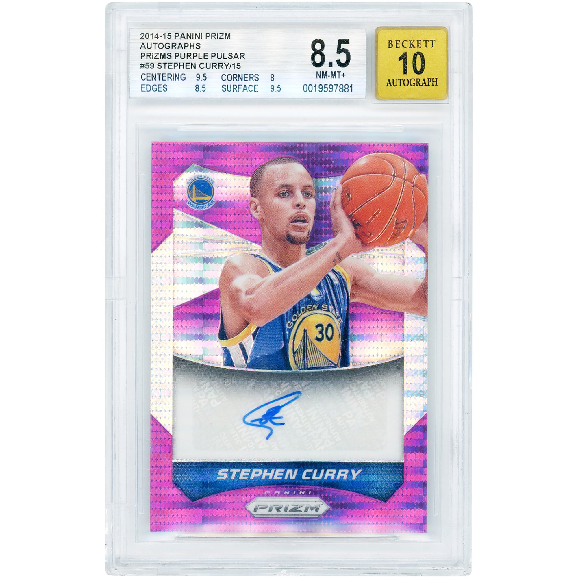 Stephen Curry Golden State Warriors Autographed 2014-15 Panini Prizm Purple Pulsar Prizm #59 #15/15 BGS Authenticated 8.5/10 Card