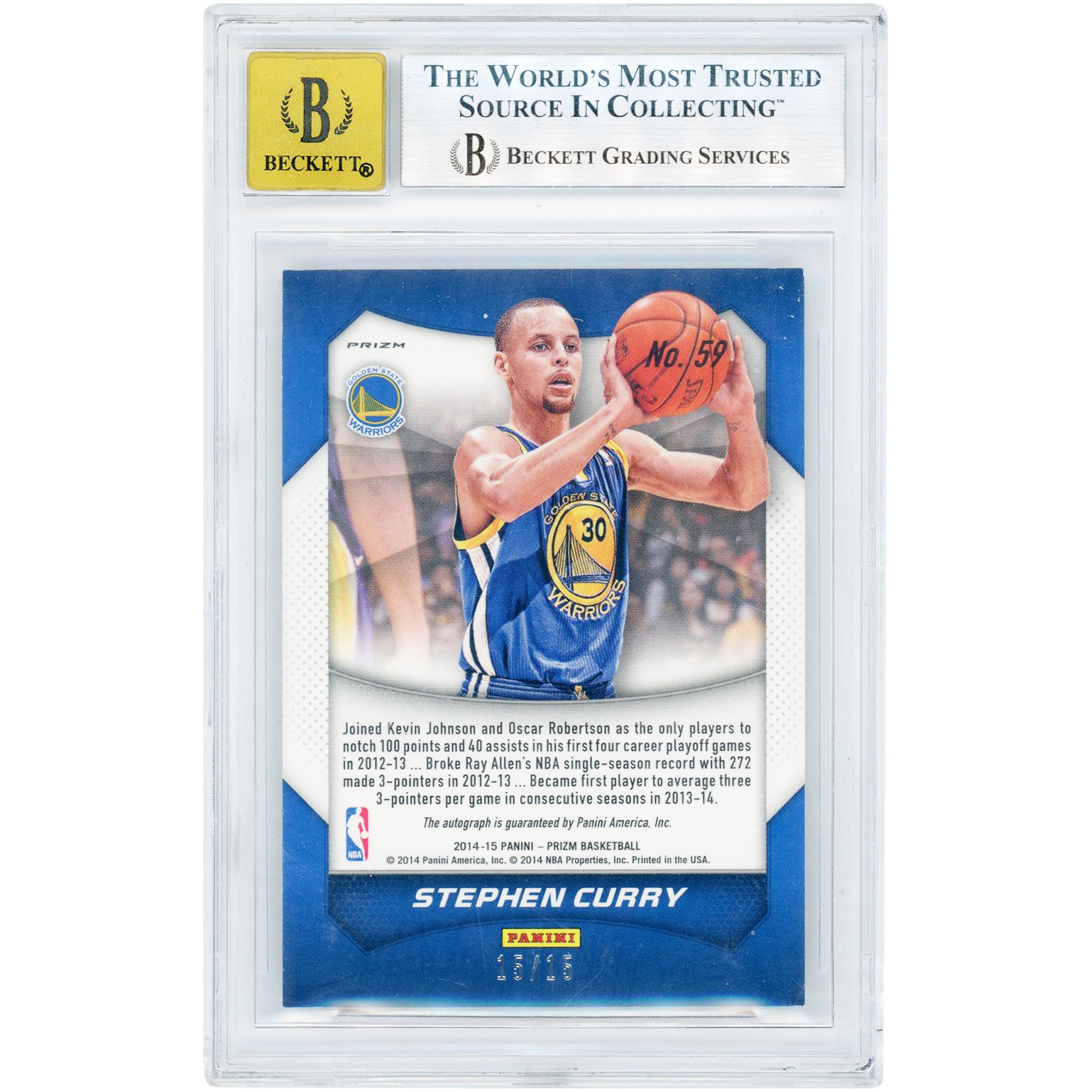 Stephen Curry Golden State Warriors Autographed 2014-15 Panini Prizm Purple Pulsar Prizm #59 #15/15 BGS Authenticated 8.5/10 Card