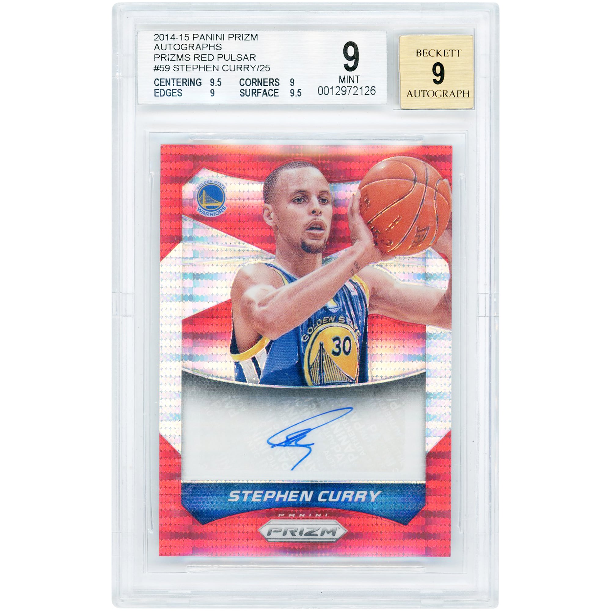 Stephen Curry Golden State Warriors Autographed 2014-15 Panini Prizm Red Pulsar Prizm #59 #16/25 BGS Authenticated 9/9 Card - 9.5,9,9,9.5 Subgrades