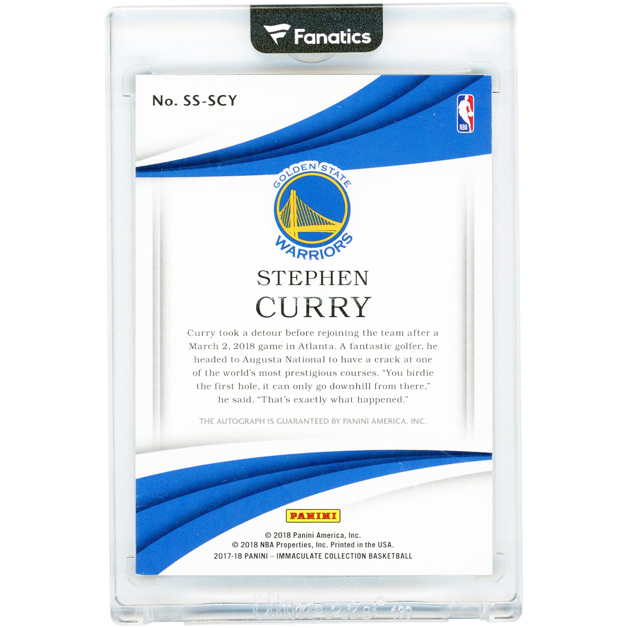Carte autographiée Stephen Curry des Golden State Warriors, saison 2017-18, Panini Immaculate Collection Signature Shots #SS-SCY #19/25