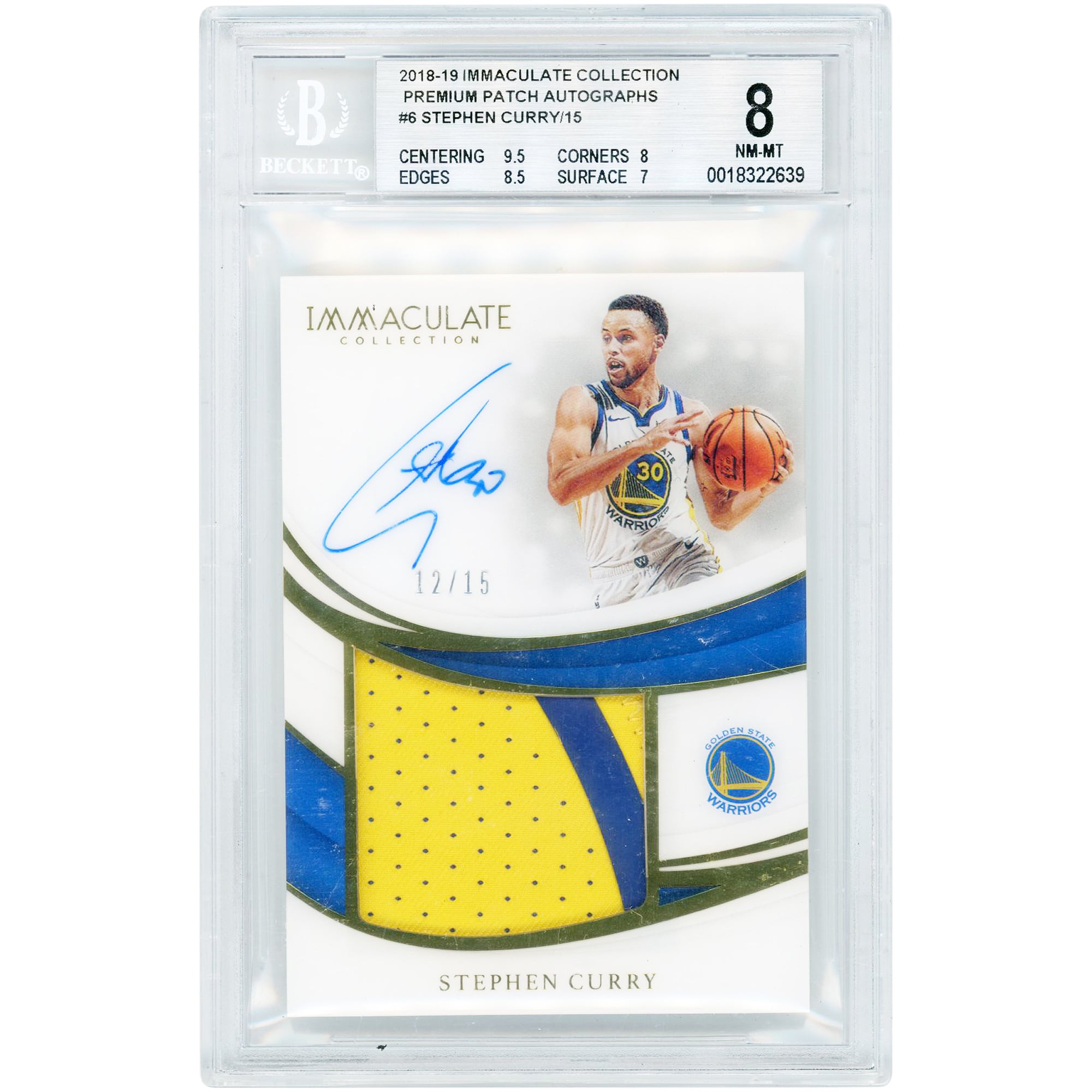 Carte autographiée de Stephen Curry (Golden State Warriors) - Collection Panini Immaculate Premium Patch 2018-19, relique de maillot bicolore porté en match #PP-SCY #12/15, authentifiée par BGS (8 cartes).