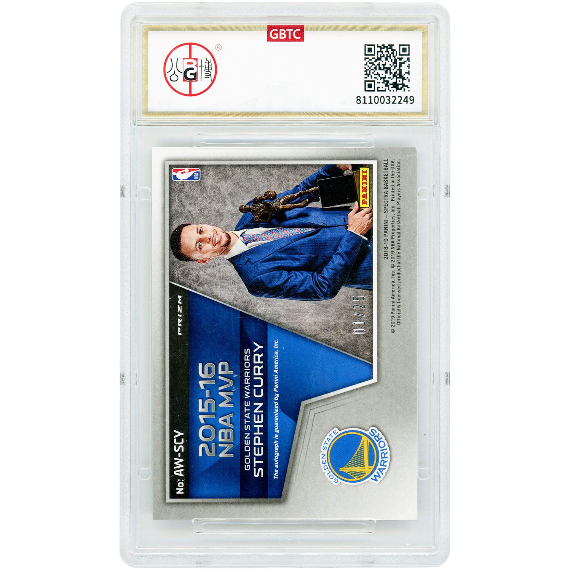 Stephen Curry Golden State Warriors Autographed 2018-19 Panini Spectra Award Winning #AW-SCY #1/25 GBTC Authenticated 9/10 Card - 9,8.5,9,9 Subgrades
