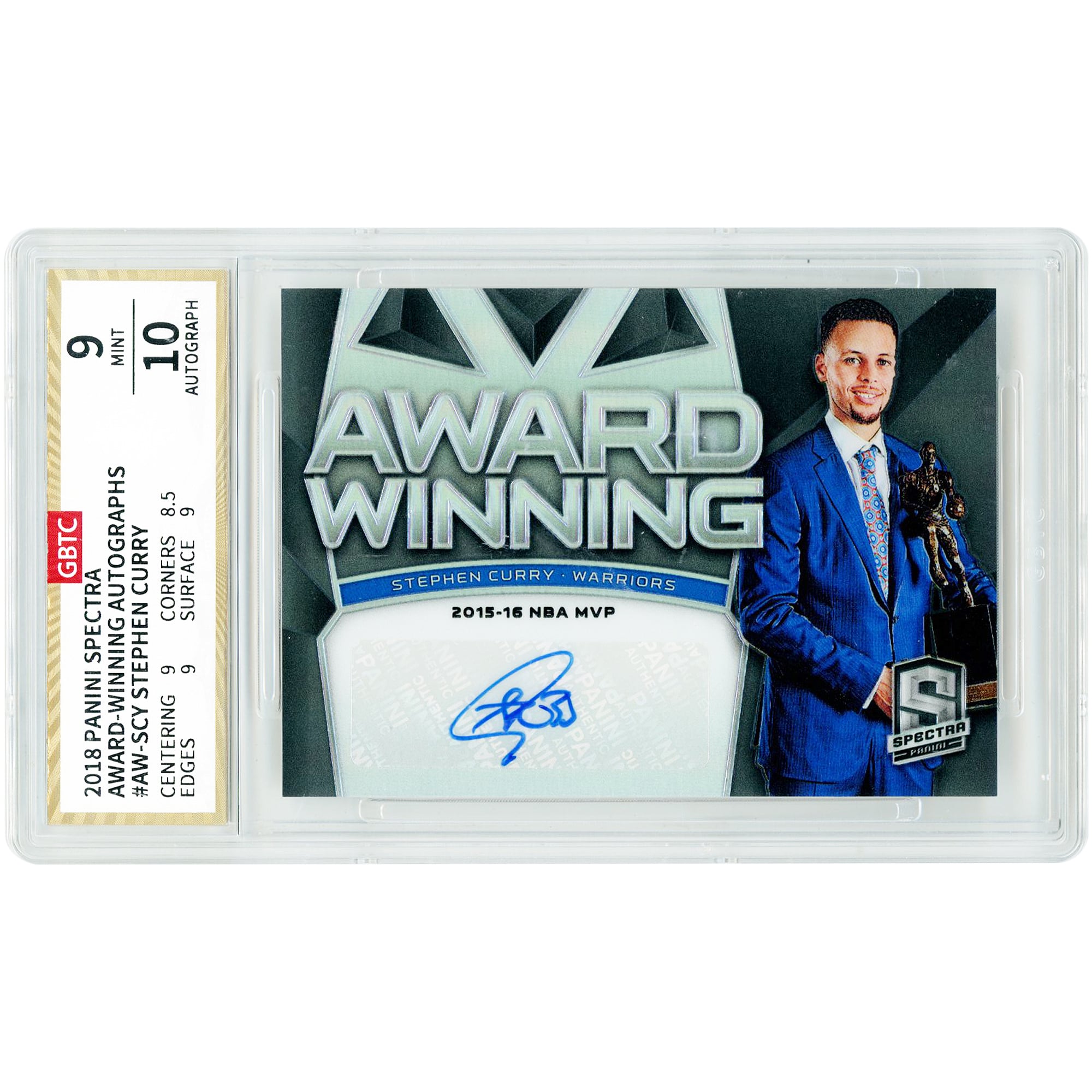 Stephen Curry Golden State Warriors Autographed 2018-19 Panini Spectra Award Winning #AW-SCY #1/25 GBTC Authenticated 9/10 Card - 9,8.5,9,9 Subgrades