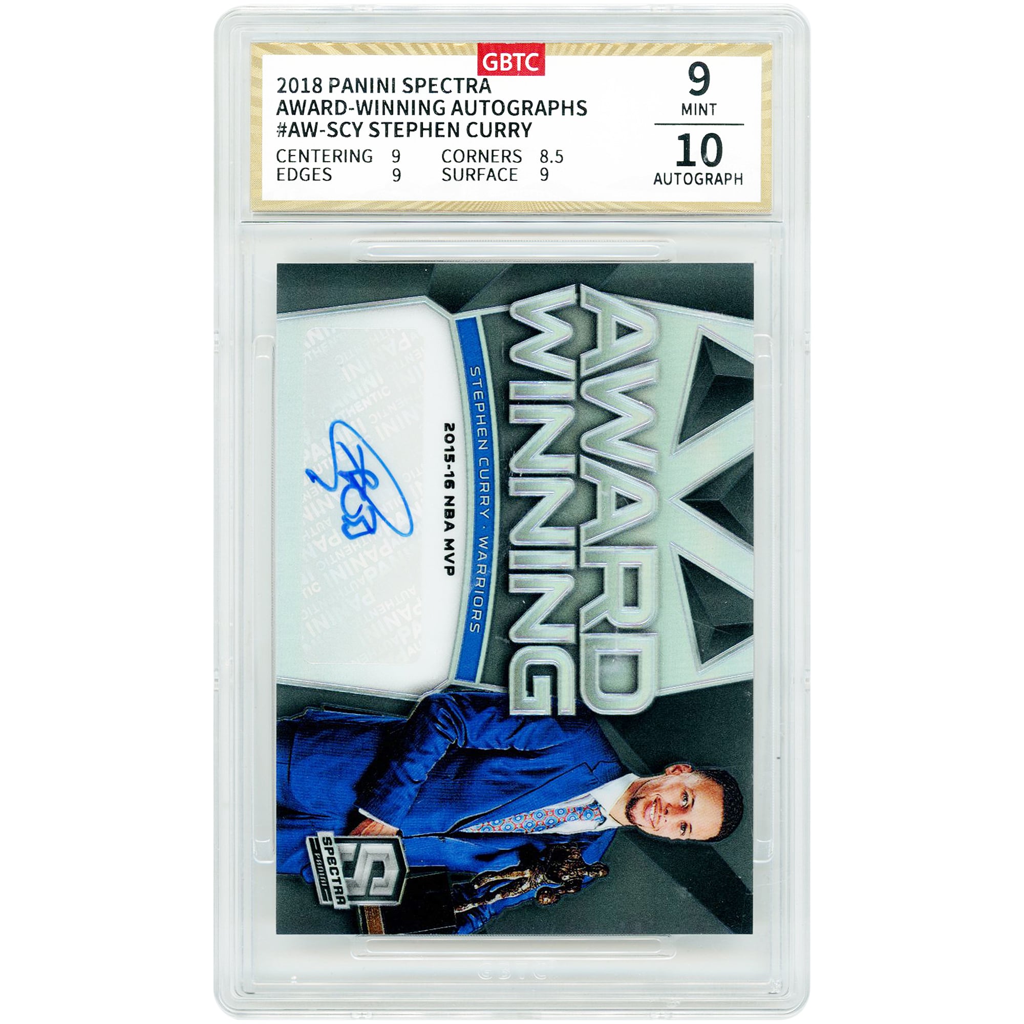 Stephen Curry Golden State Warriors Autographed 2018-19 Panini Spectra Award Winning #AW-SCY #1/25 GBTC Authenticated 9/10 Card - 9,8.5,9,9 Subgrades