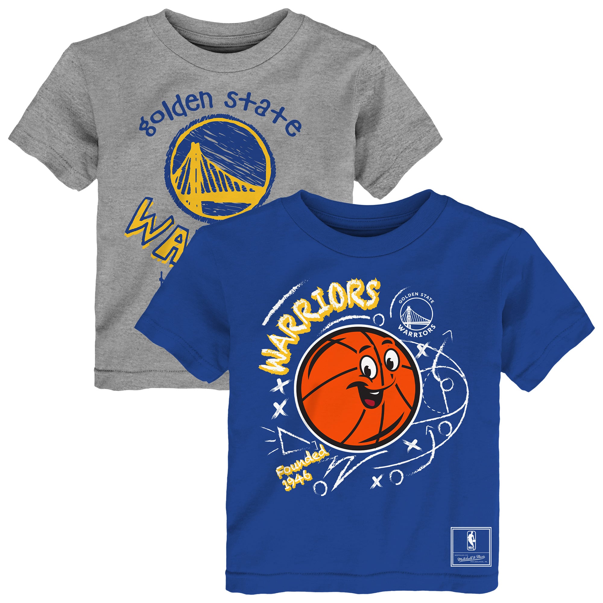 Ensemble de deux t-shirts Mitchell & Ness pour tout-petits, coloris bleu royal/gris chiné, motif Golden State Warriors.