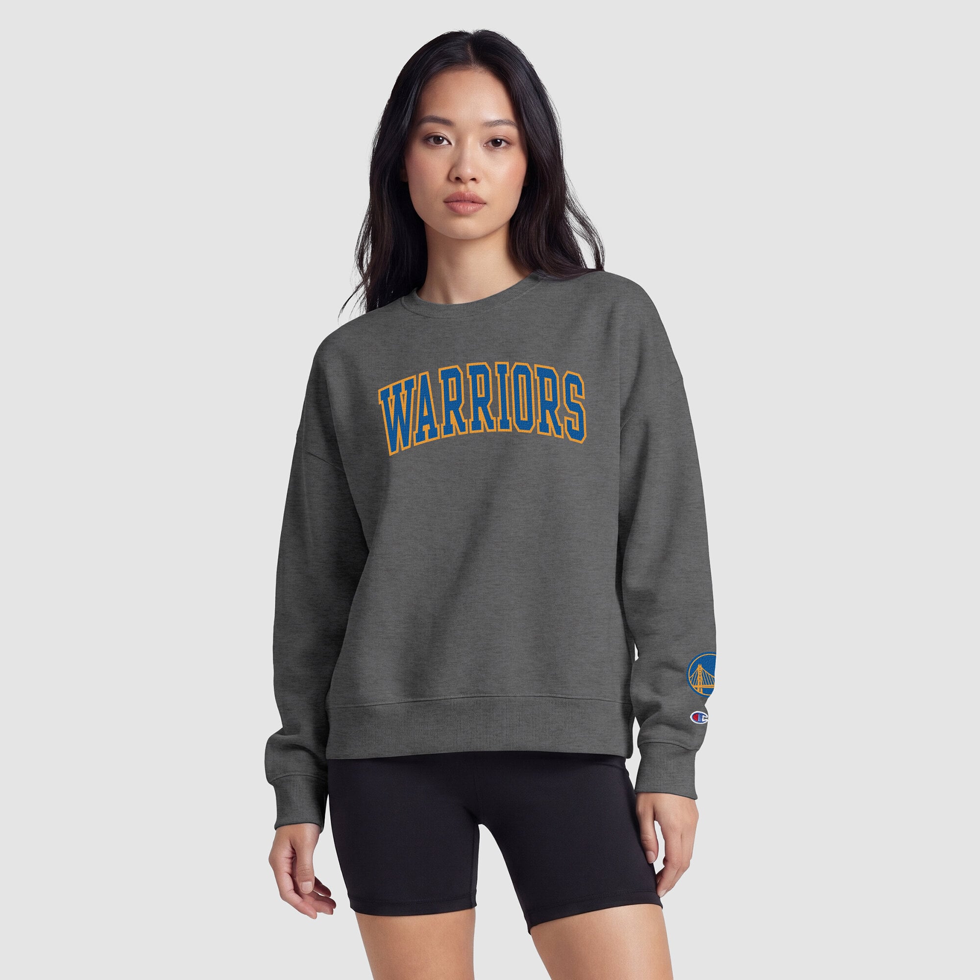 Sweat-shirt à col rond contrasté Champion pour femme, gris chiné, Golden State Warriors