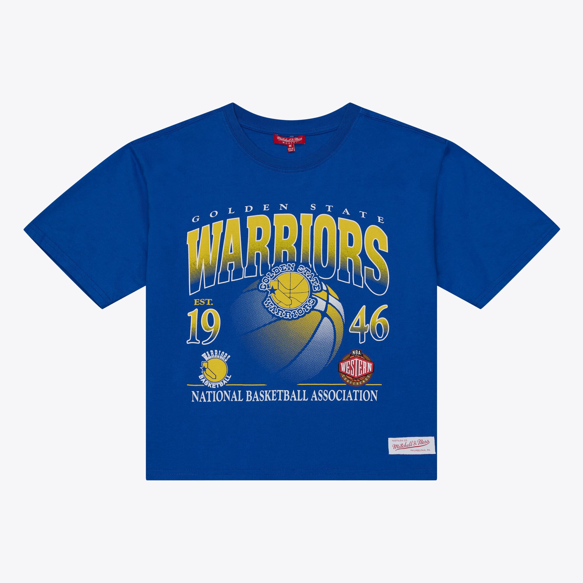 T-shirt court à imprimé graphique Golden State Warriors Royal de Mitchell & Ness pour femmes