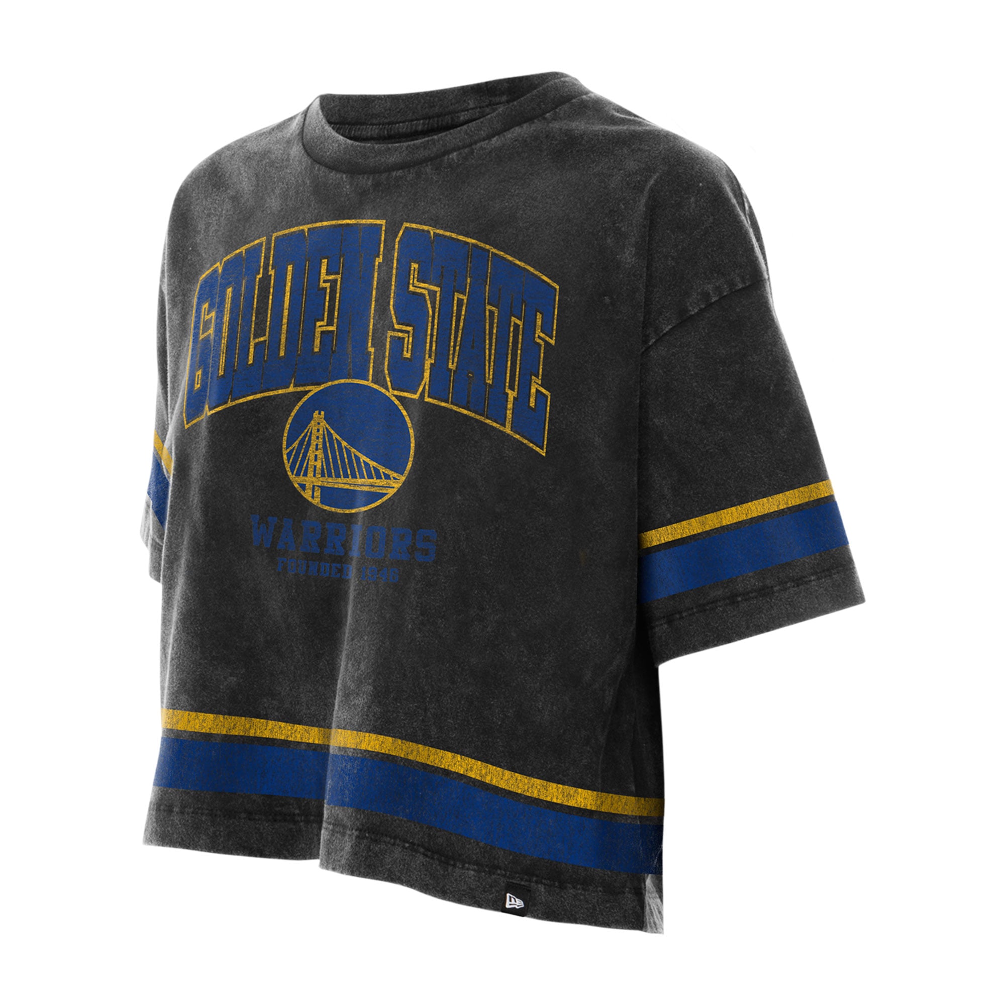 T-shirt court New Era Golden State Warriors noir pour femme, coupe carrée, délavage minéral
