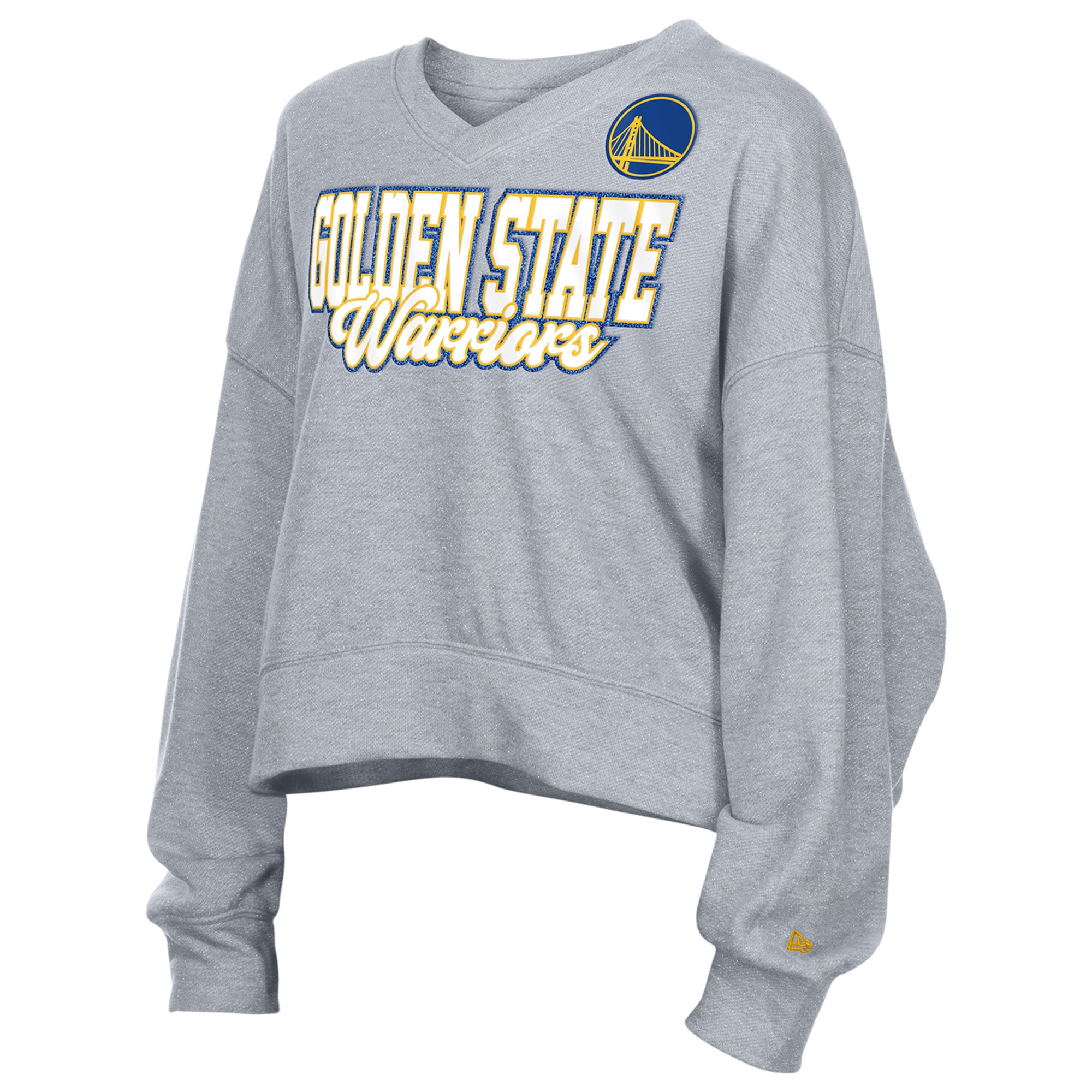Sweat-shirt polaire court oversize à col en V gris New Era pour femme, Golden State Warriors