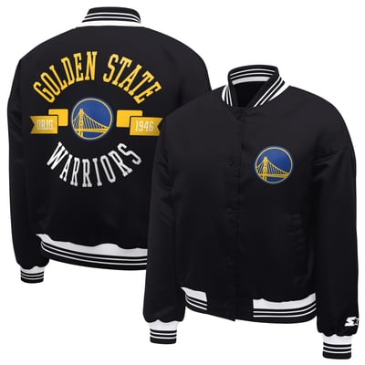  Golden State Warriors Starter Women's Printed Logo Cropped Satin Varsity Full-Snap Jacket - Black