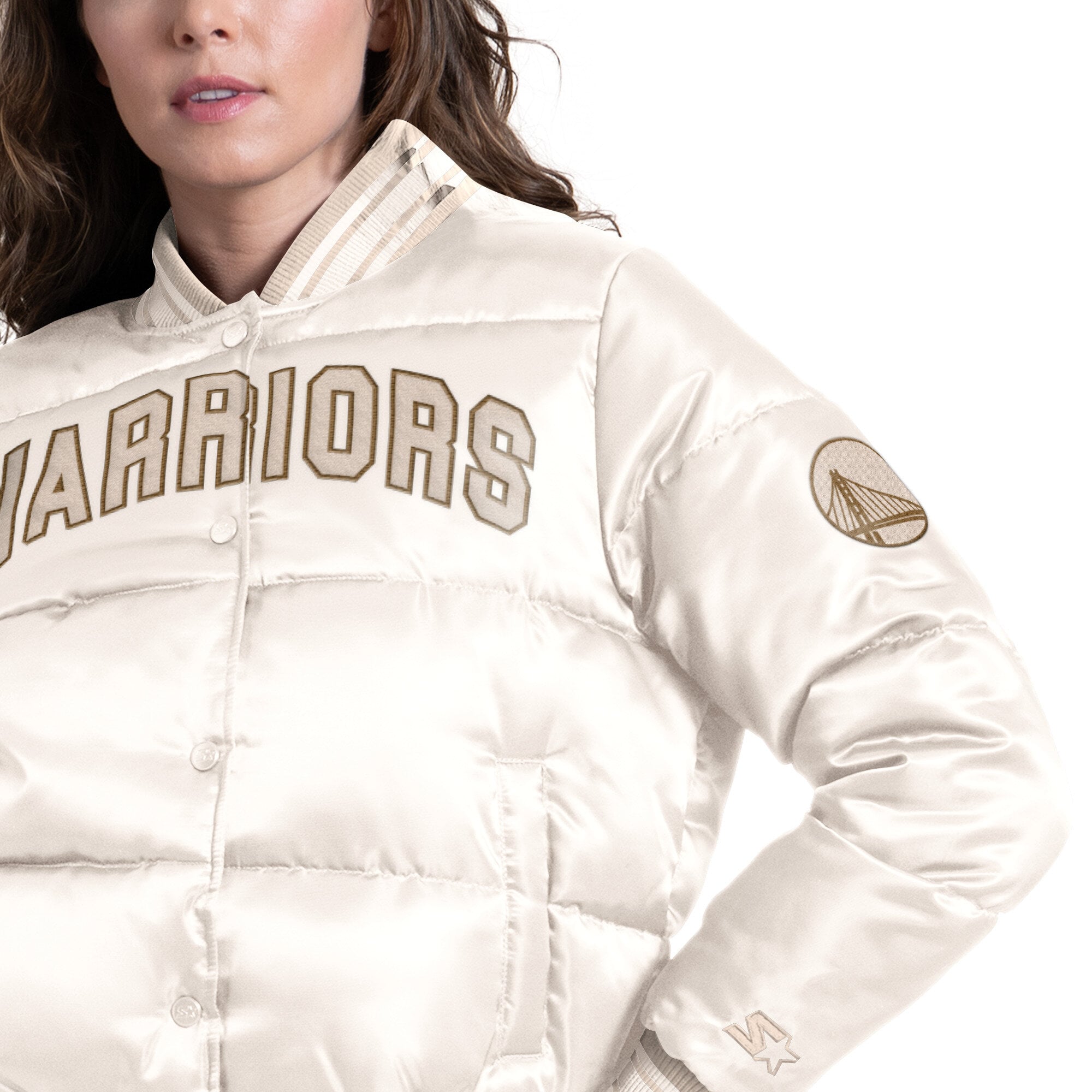 Doudoune courte Starter blanche Golden State Warriors pour femme, à boutons-pression.
