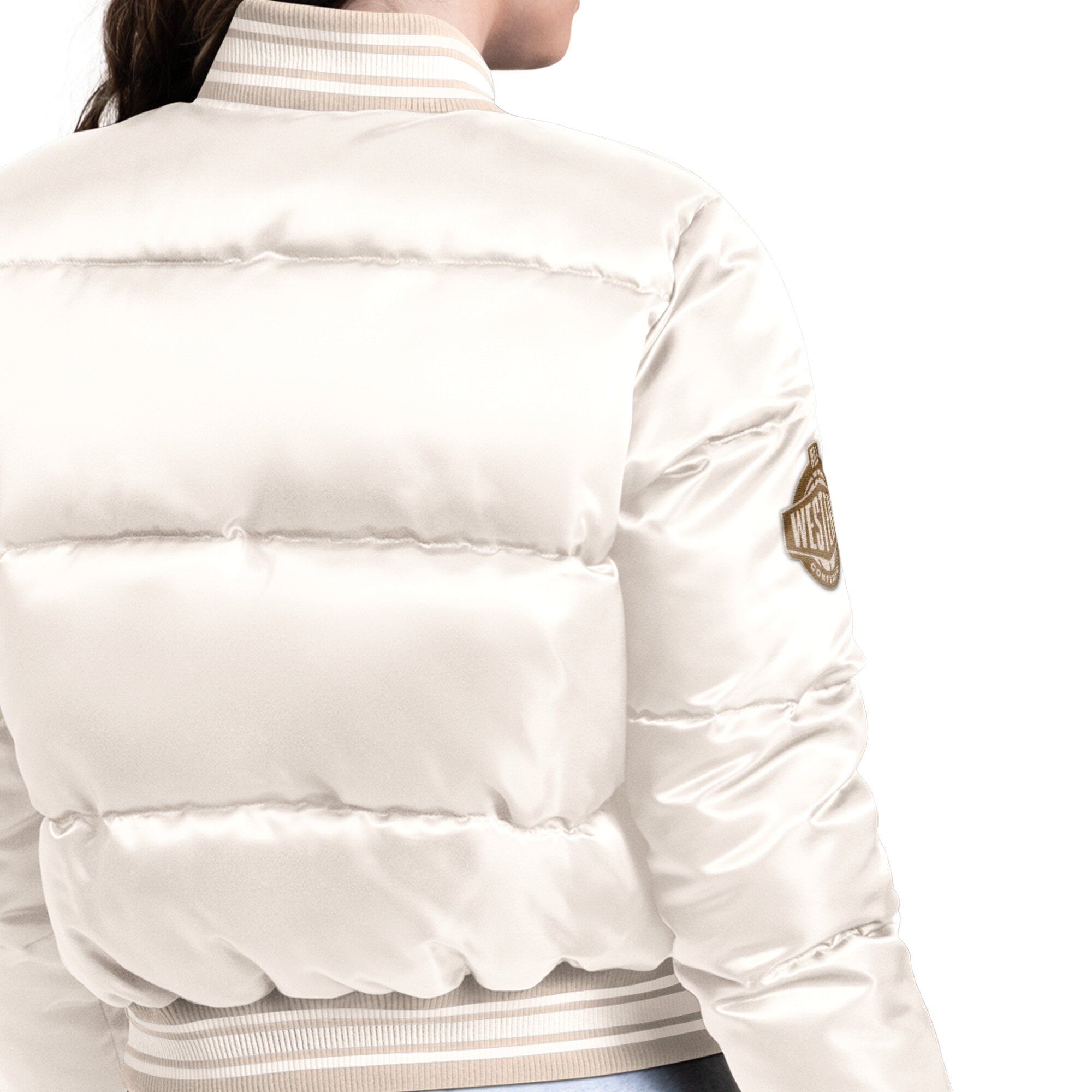Doudoune courte Starter blanche Golden State Warriors pour femme, à boutons-pression.