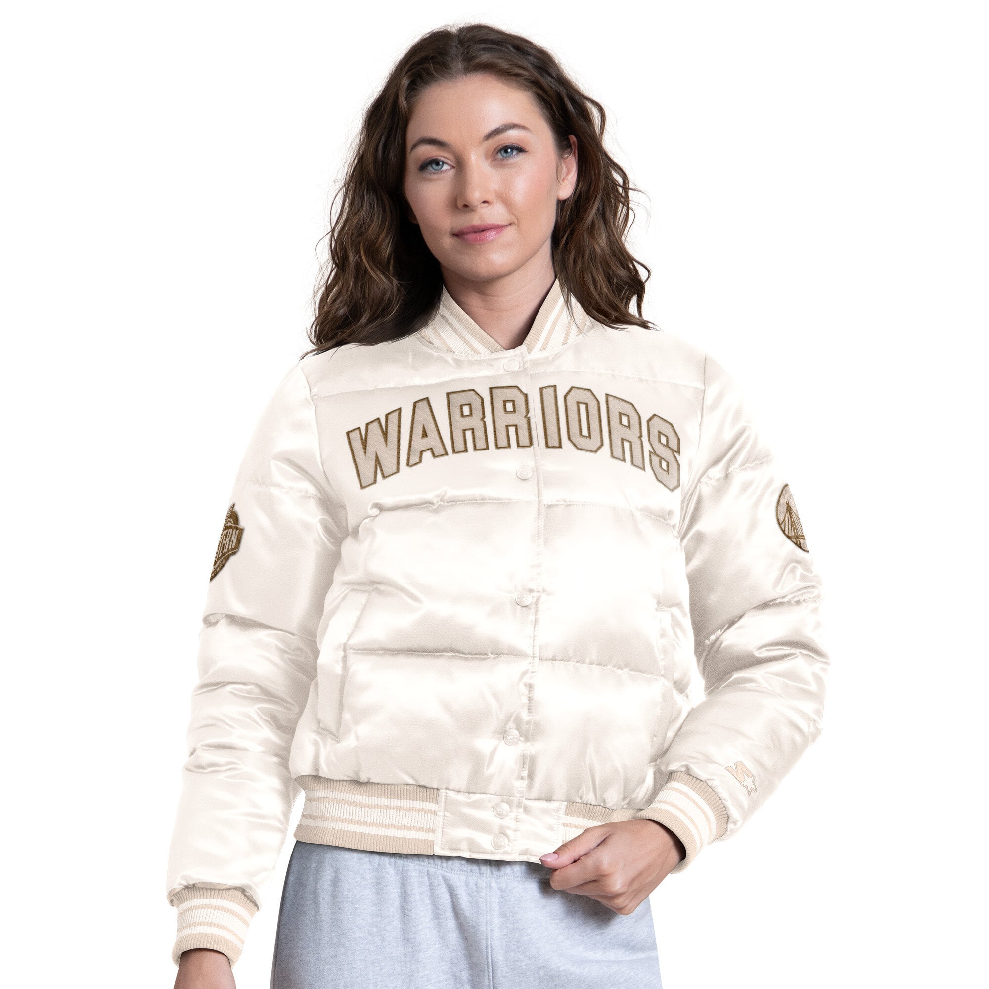 Doudoune courte Starter blanche Golden State Warriors pour femme, à boutons-pression.