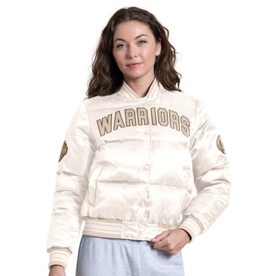 Golden State Warriors Starter Women's Pump Fake Puffer Full Snap Cropped Jacket - White