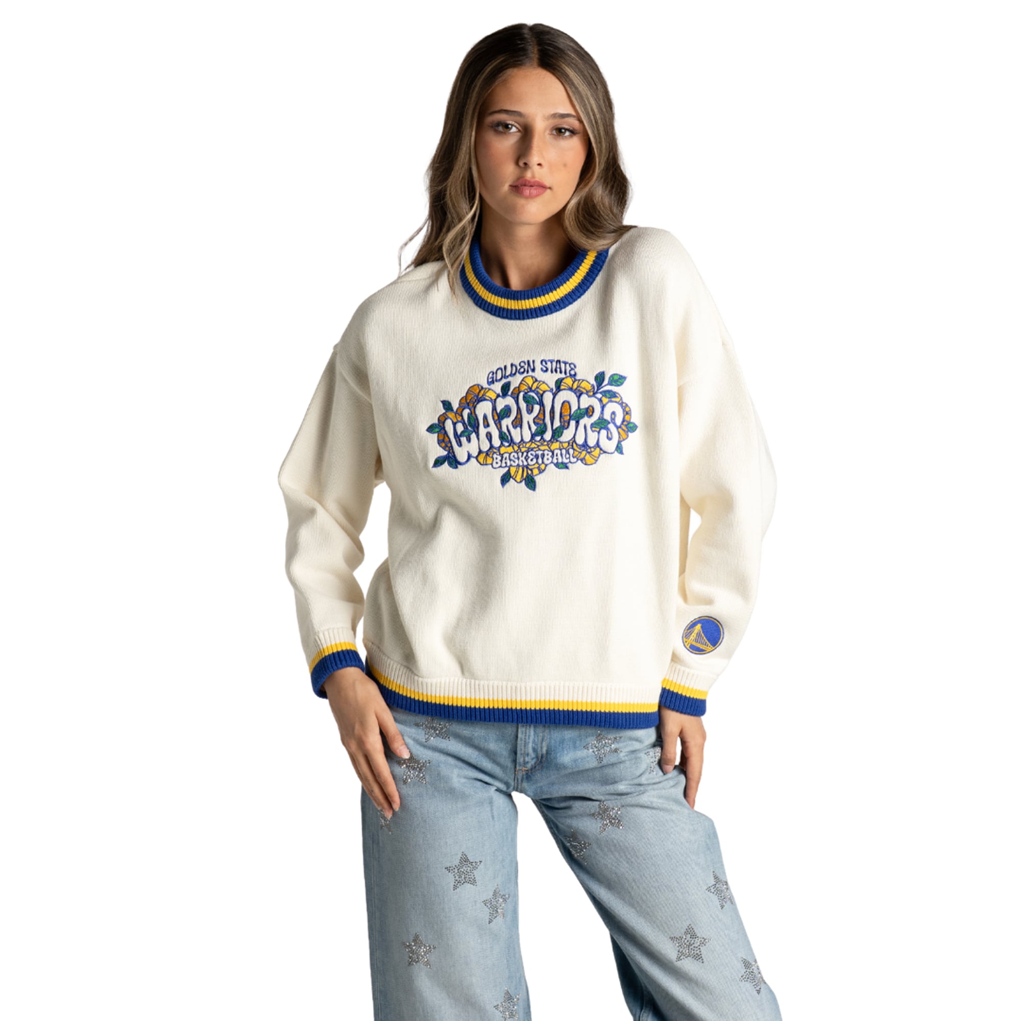 Pull jacquard à col rond crème Golden State Warriors de The Wild Collective pour femme