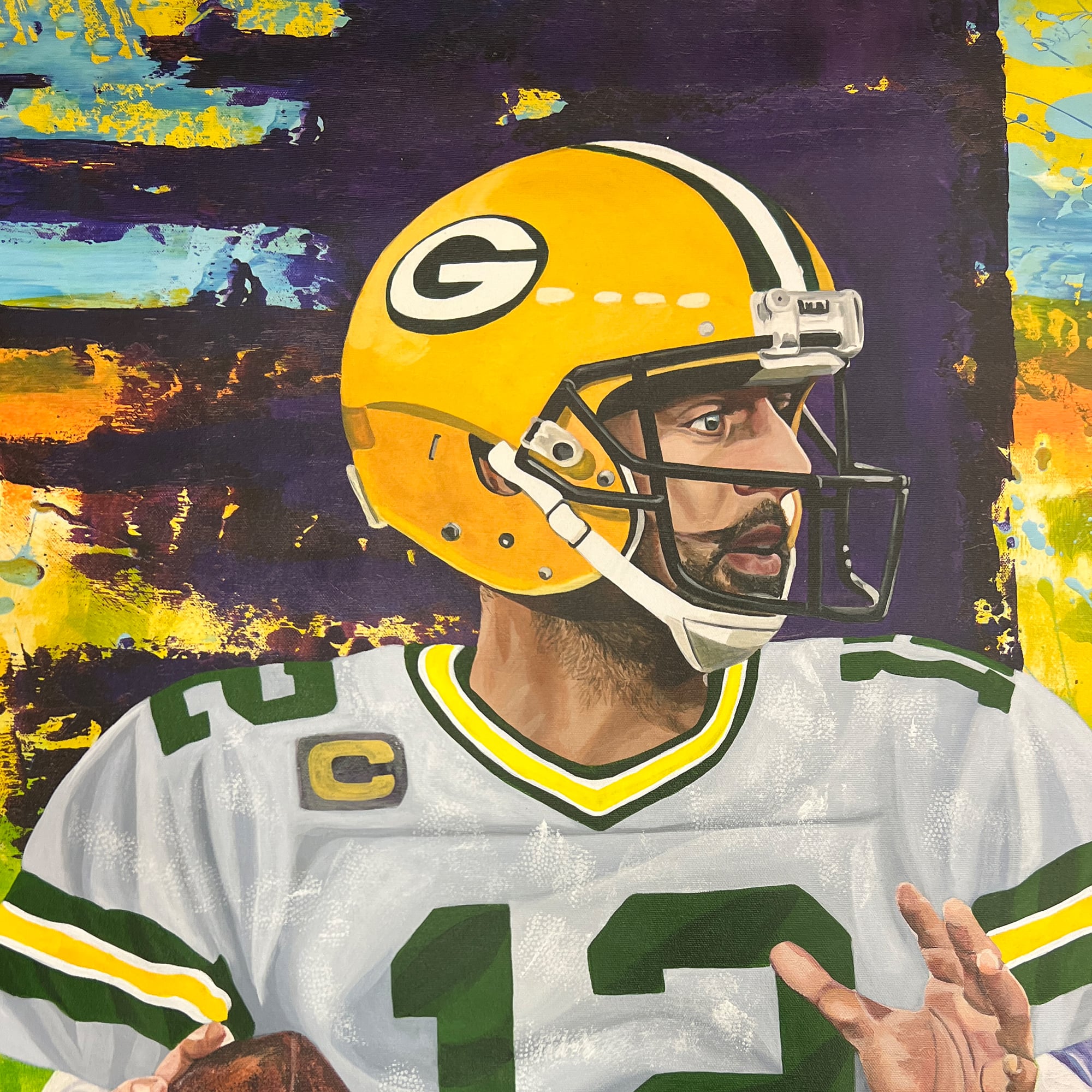 Aaron Rodgers Green Bay Packers Autographed Stretched 30" x 40" Embellished Canvas Giclee Print - Art by Cortney Wall - #1 of Limited Edition 1 - White & Purple