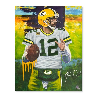 Aaron Rodgers Green Bay Packers Autographed Fanatics Authentic Stretched 30" x 40" Embellished Away Giclee Canvas with Purple Accents by Artist Cortney Wall - Limited Edition #1 of 1