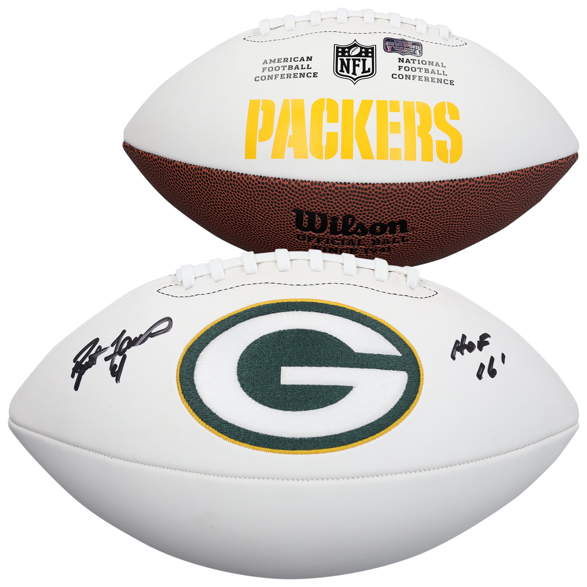 Ballon de football américain Wilson White Panel autographié par Brett Favre des Green Bay Packers avec inscription « HOF 16 »