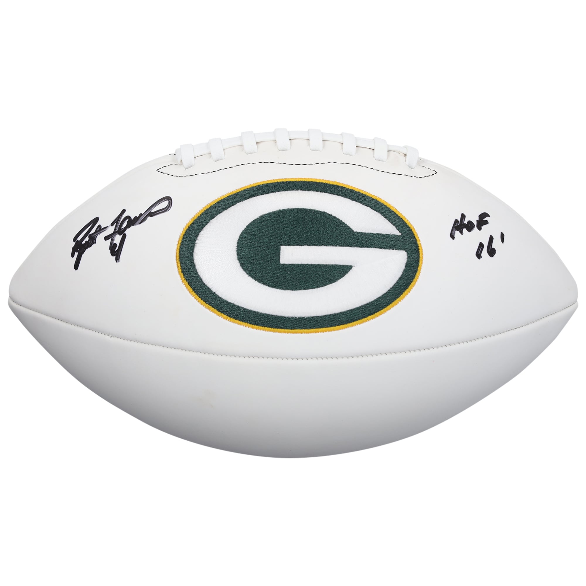 Ballon de football américain Wilson White Panel autographié par Brett Favre des Green Bay Packers avec inscription « HOF 16 »