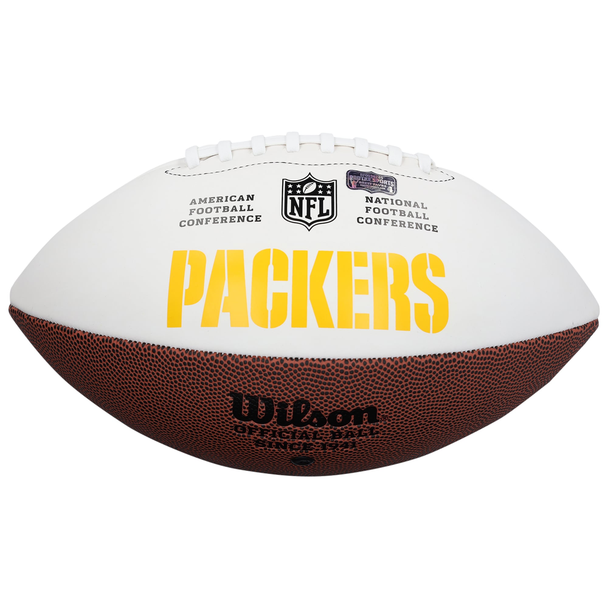 Ballon de football américain Wilson White Panel autographié par Brett Favre des Green Bay Packers avec inscription « HOF 16 »