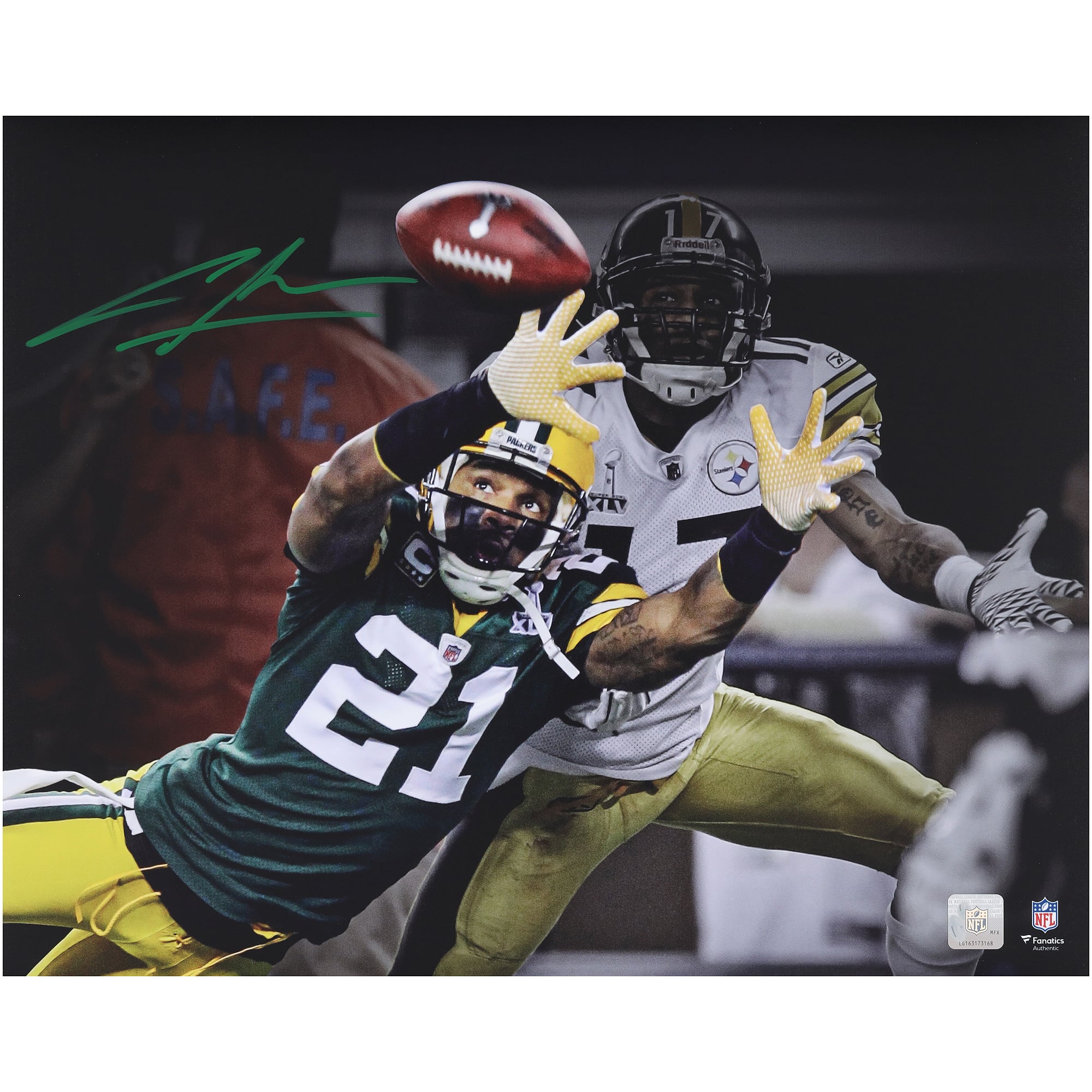 Photo dédicacée de Charles Woodson (Green Bay Packers) - Super Bowl XLV (16" x 20") - Déviation de passe.