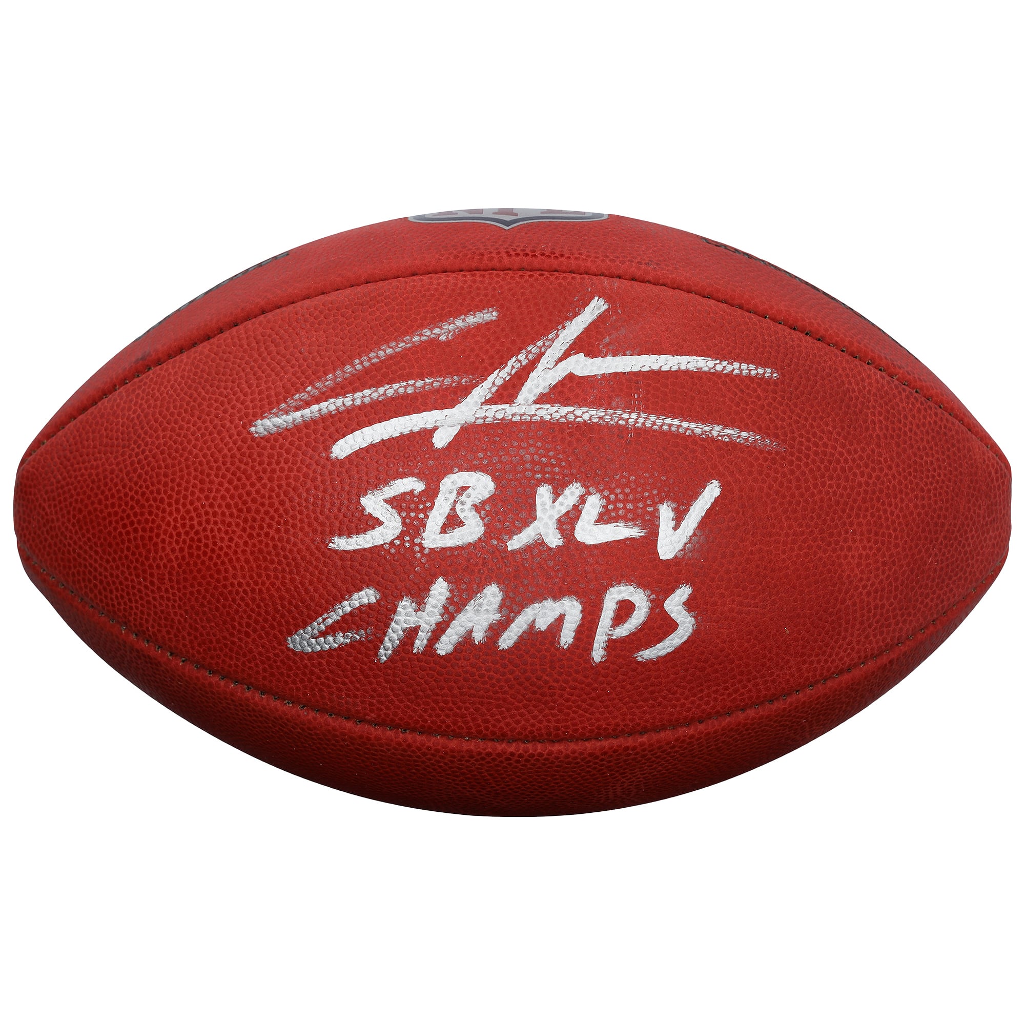 Ballon de football américain Duke en couleurs, autographié par Charles Woodson (Green Bay Packers), avec inscription « Champion du Super Bowl XLV ».