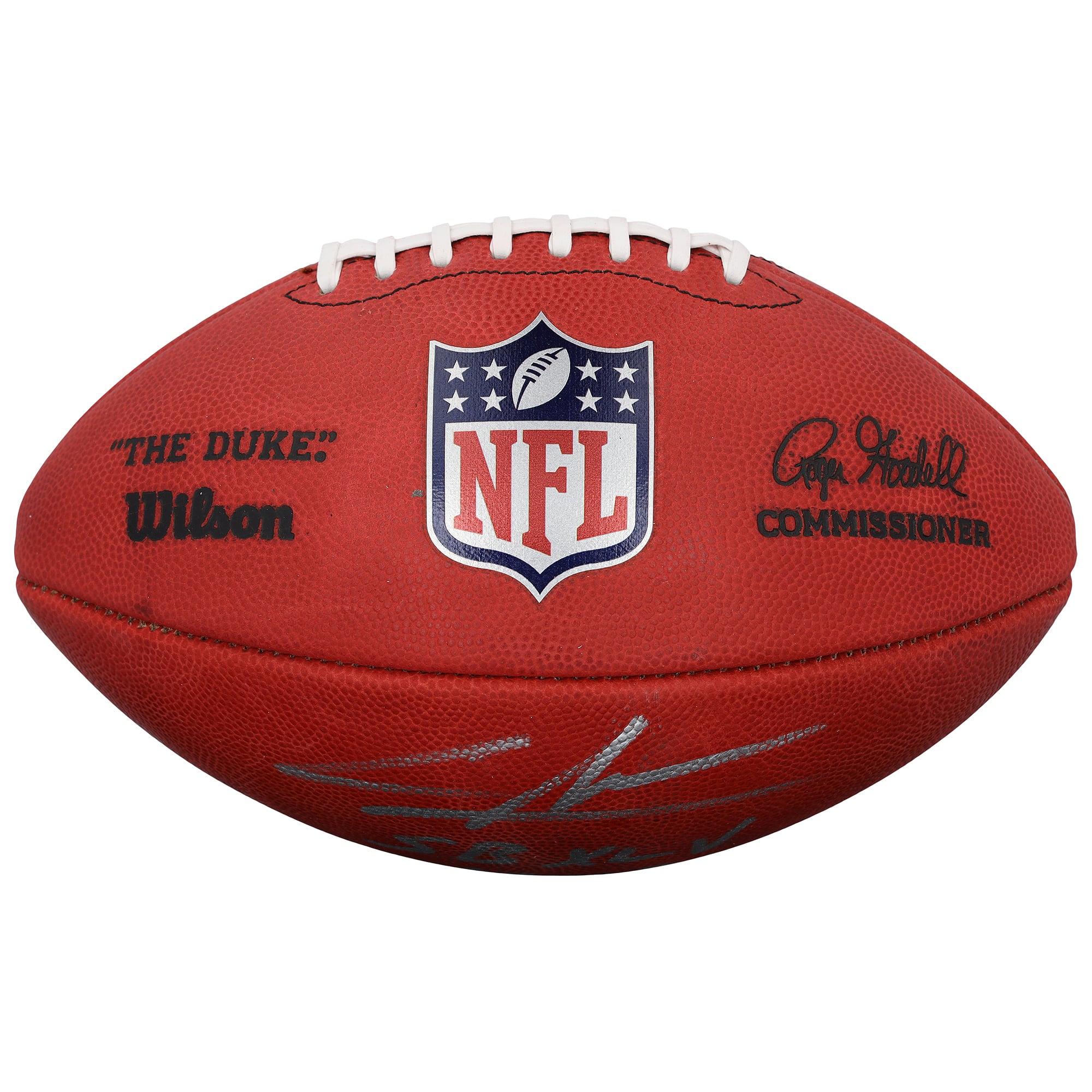 Ballon de football américain Duke en couleurs, autographié par Charles Woodson (Green Bay Packers), avec inscription « Champion du Super Bowl XLV ».
