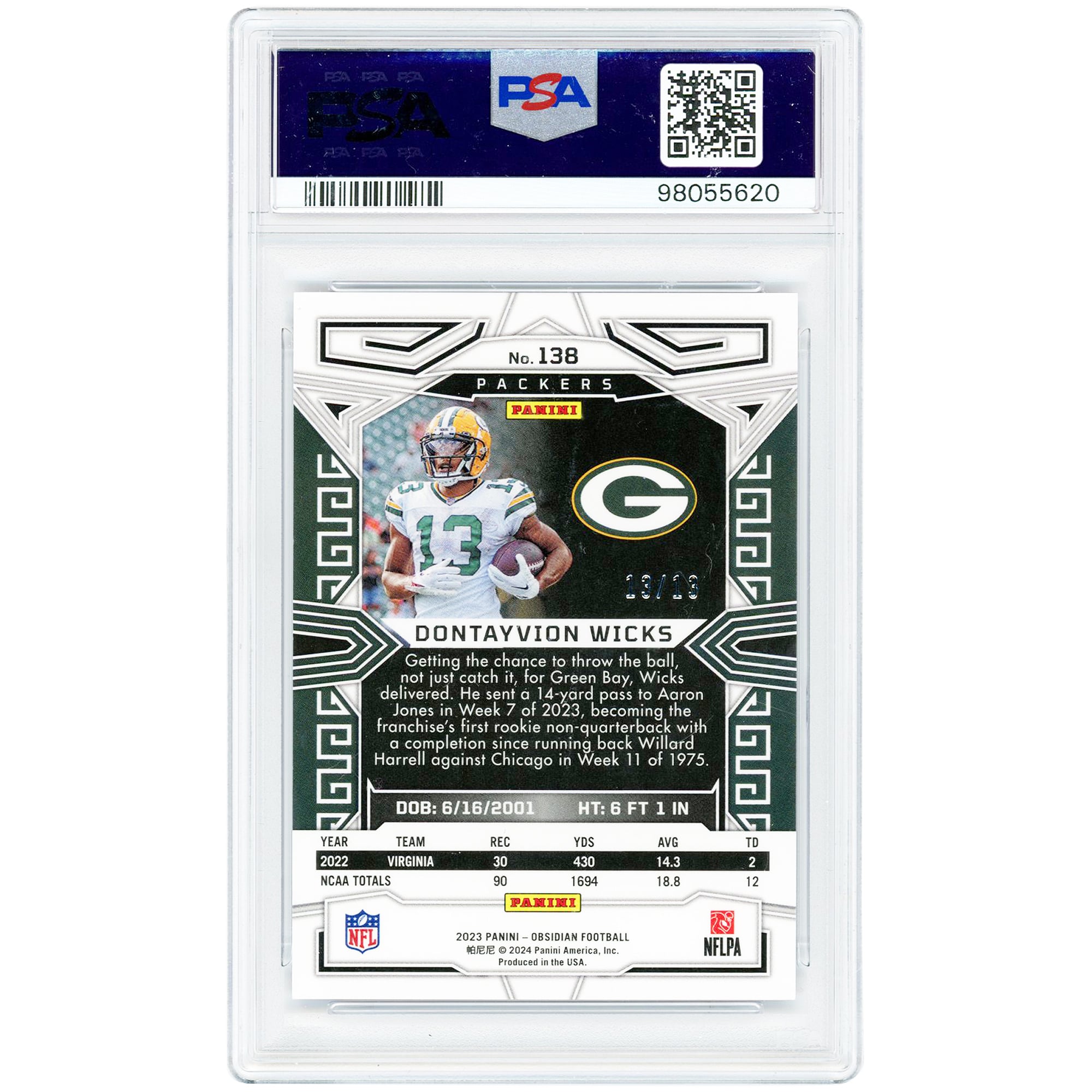Dontayvion Wicks Green Bay Packers 2023 Panini Obsidian Electric Etch Purple Flood FOTL Jersey Match #138 #13/13 PSA Authenticated 9 Rookie Card