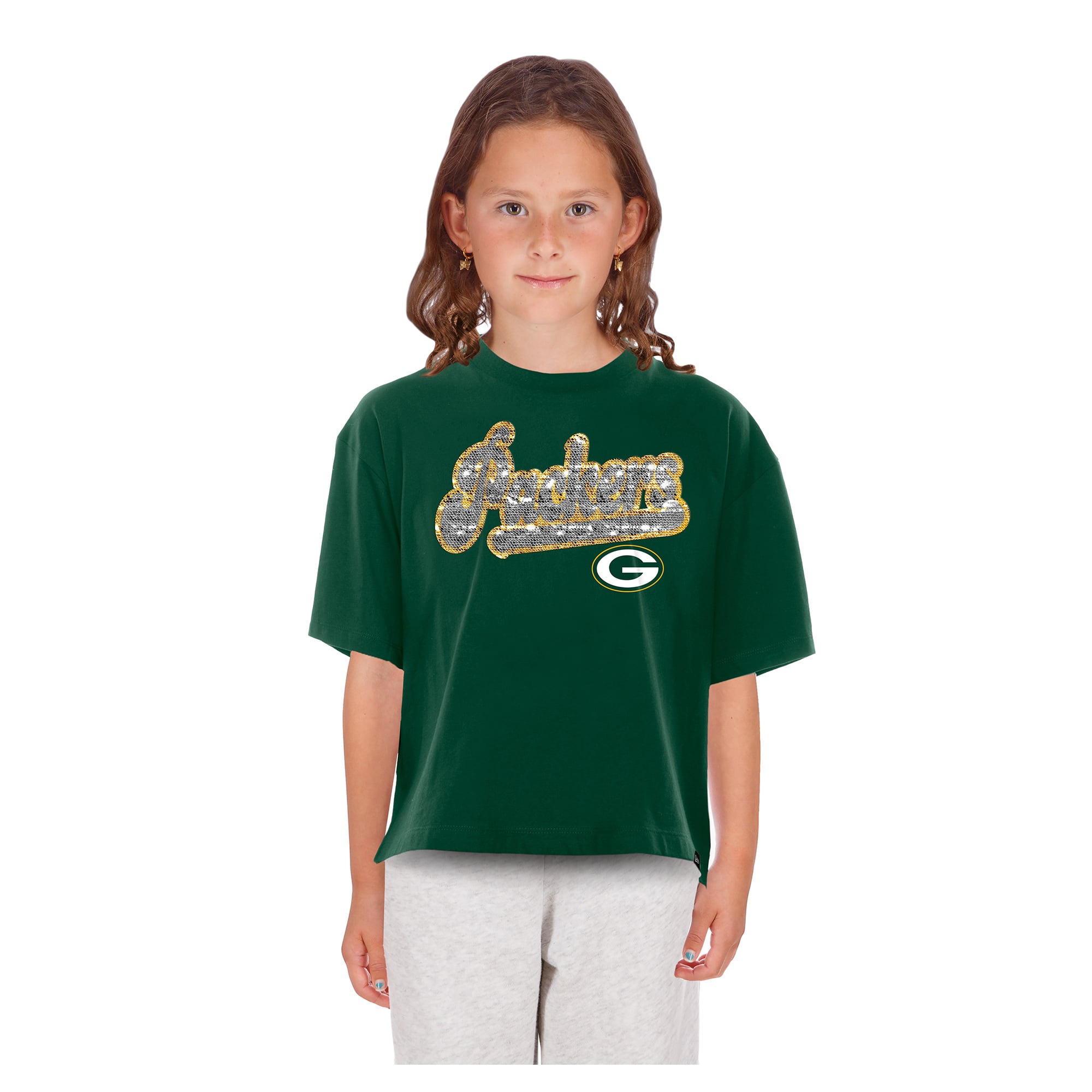 T-shirt New Era vert Green Bay Packers à sequins réversibles pour filles