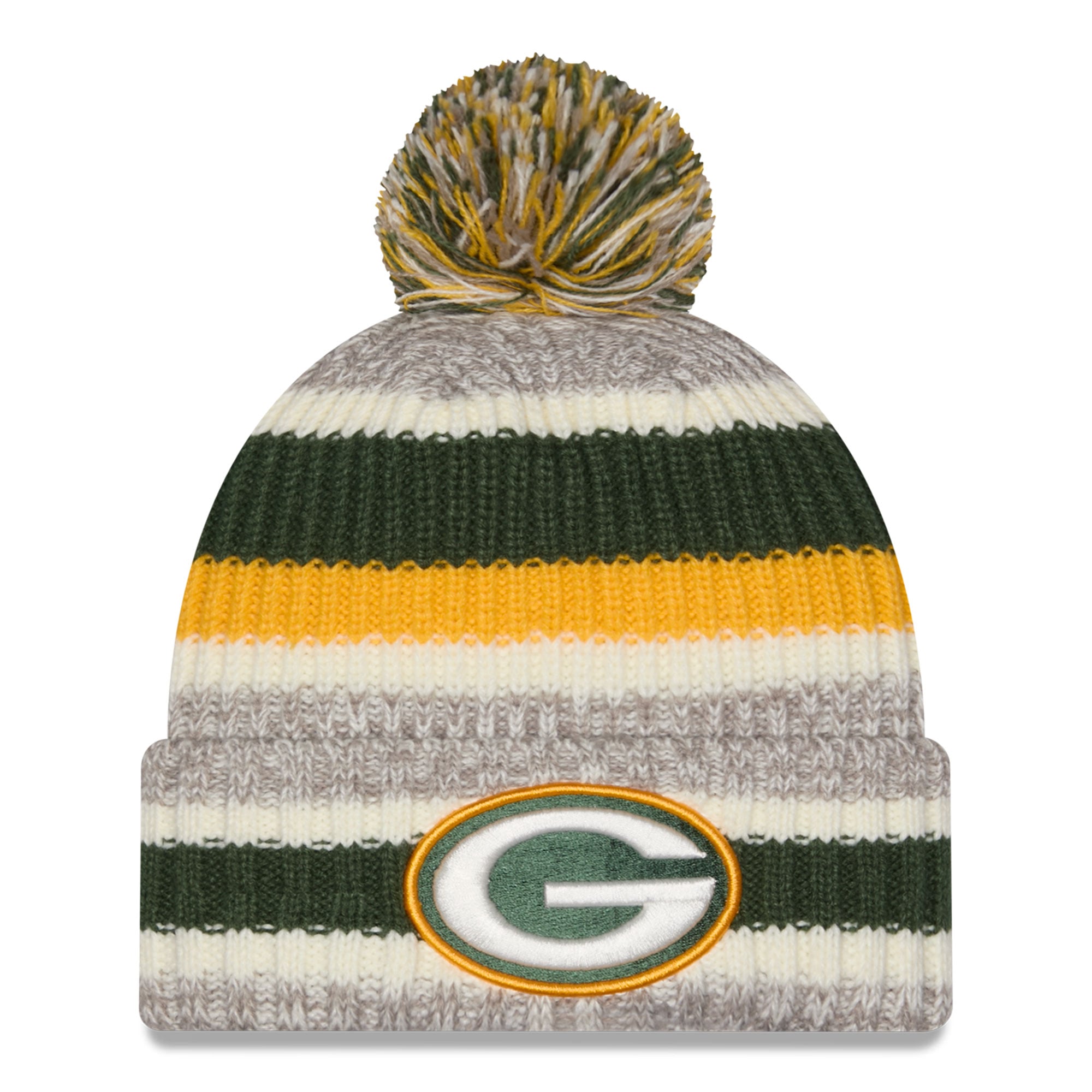 Bonnet rayé vert/beige Green Bay Packers pour fille, à revers et pompon, de la marque New Era.
