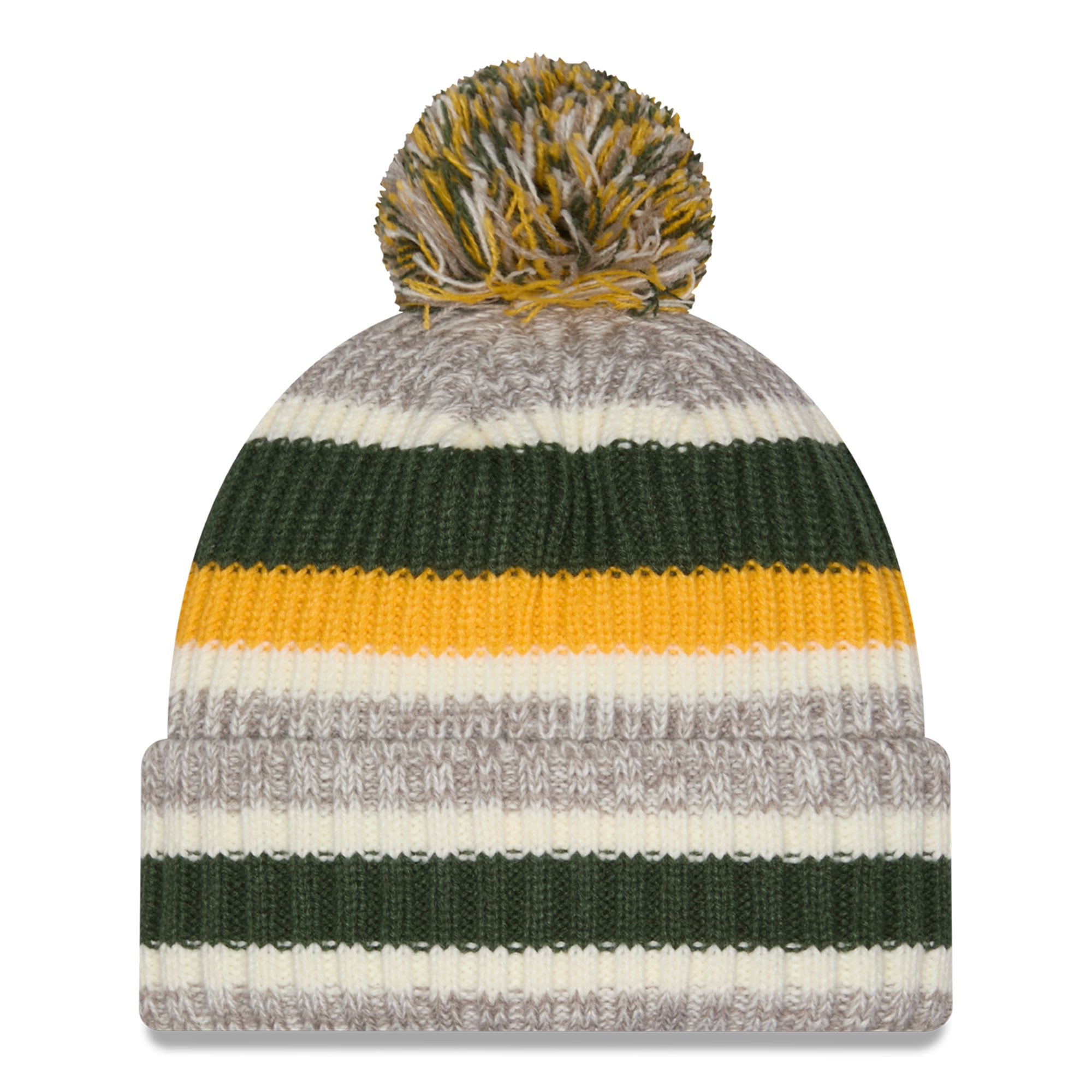 Bonnet rayé vert/beige Green Bay Packers pour fille, à revers et pompon, de la marque New Era.
