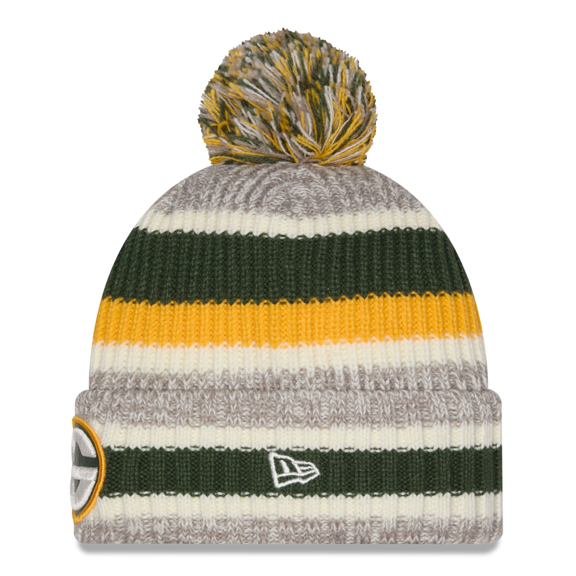 Bonnet rayé vert/beige Green Bay Packers pour fille, à revers et pompon, de la marque New Era.