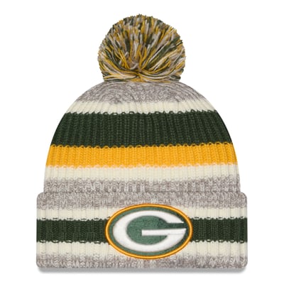 Green Bay Packers New Era Girls Youth Stripe Cuffed Knit Hat with Pom - Green/Beige