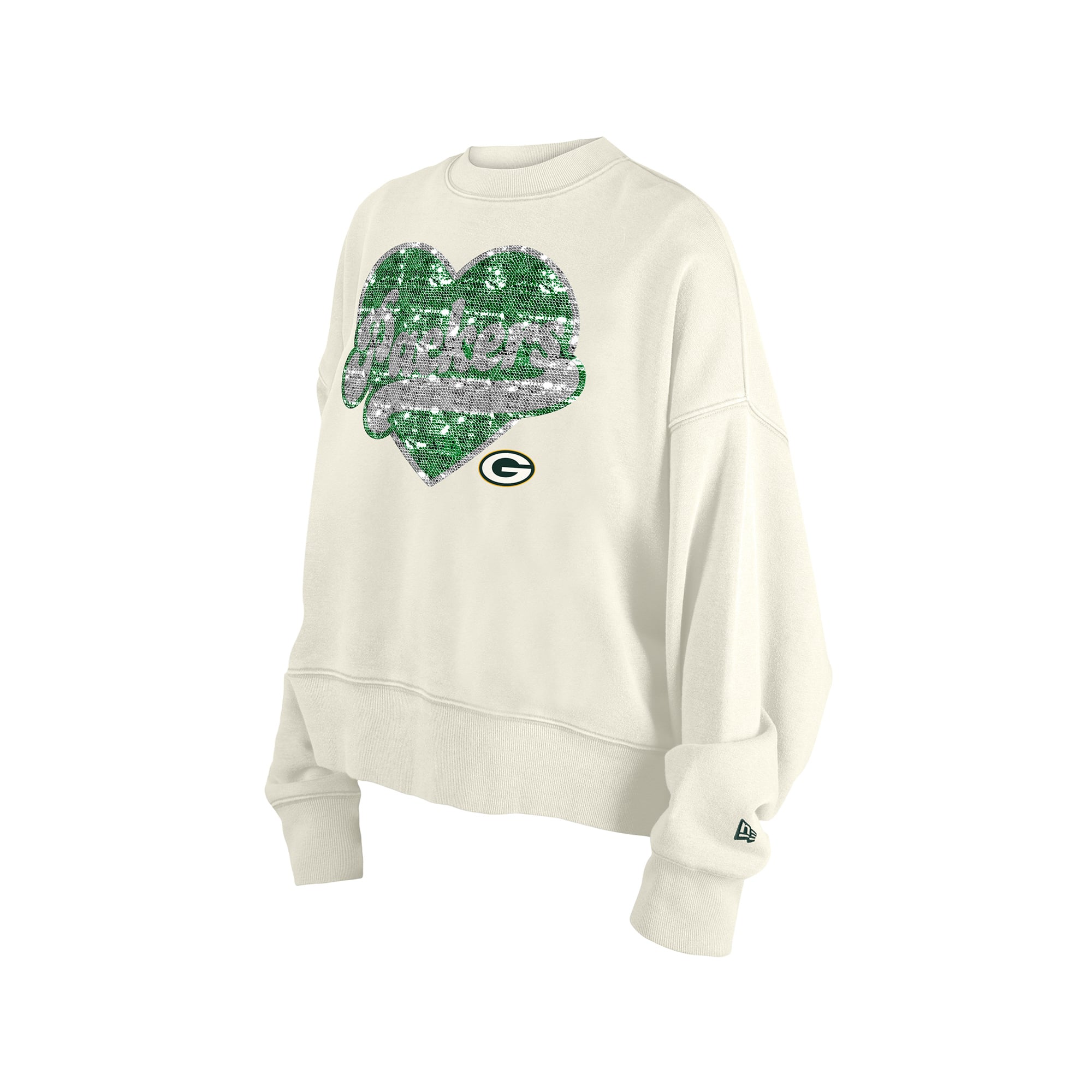 Sweat-shirt à sequins réversibles New Era pour filles, beige clair, vert Bay Packers.