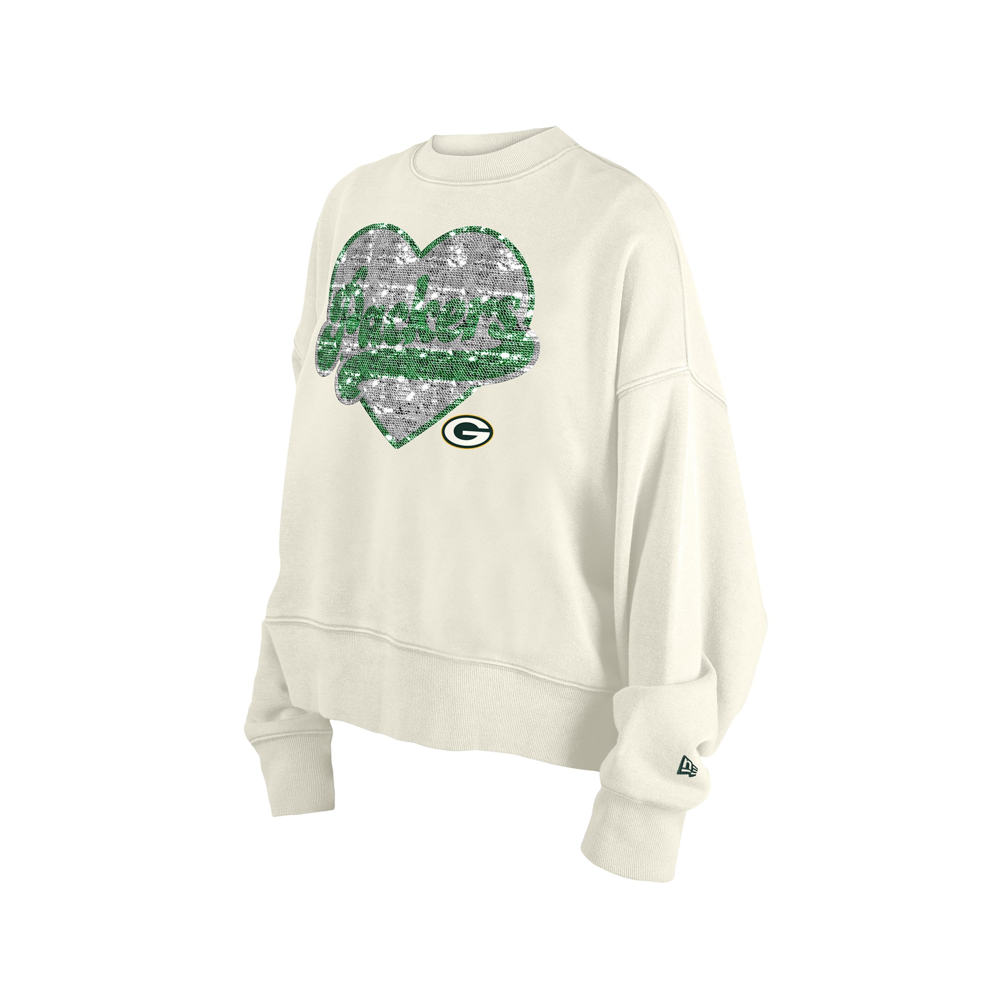 Sweat-shirt à sequins réversibles New Era pour filles, beige clair, vert Bay Packers.
