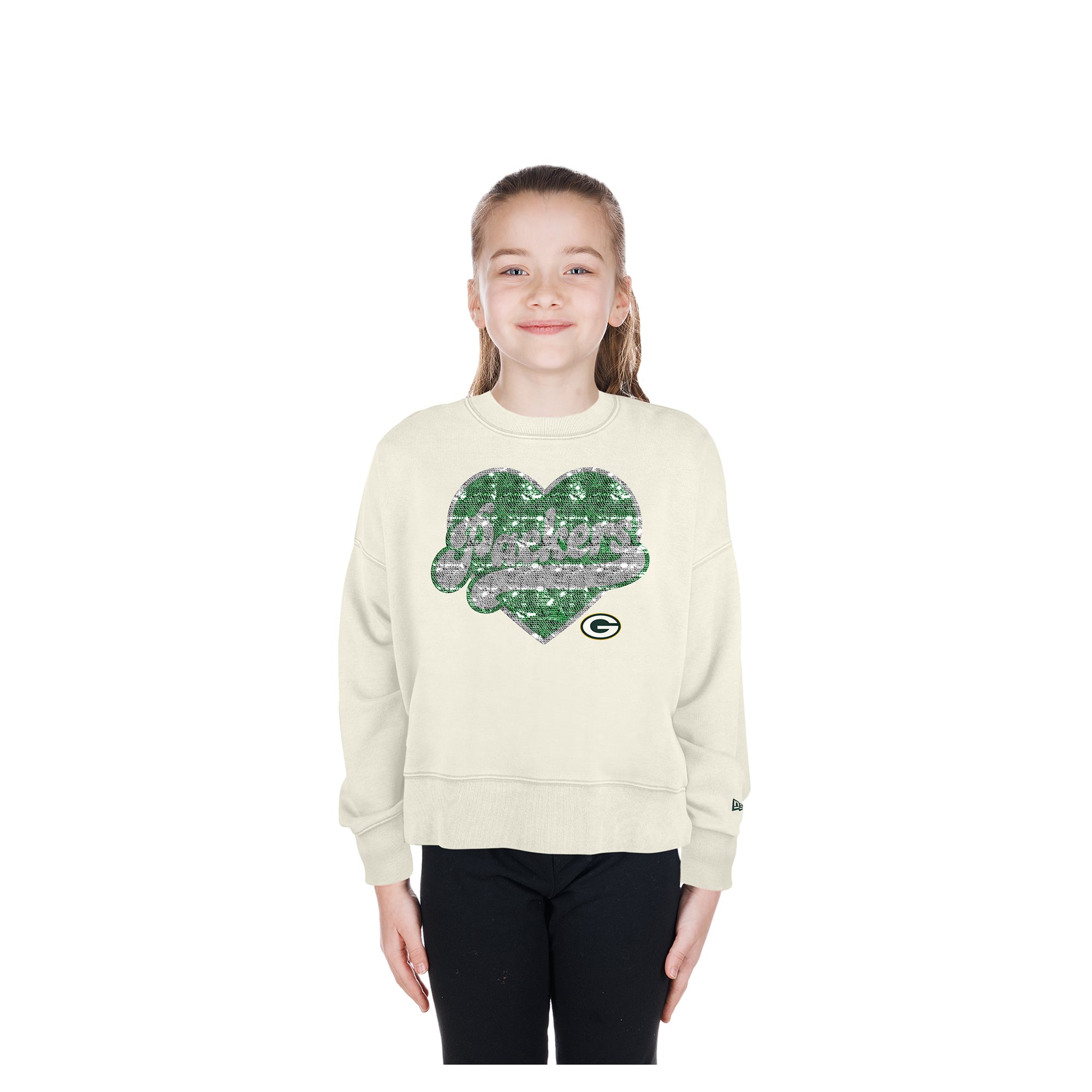 Sweat-shirt à sequins réversibles New Era pour filles, beige clair, vert Bay Packers.
