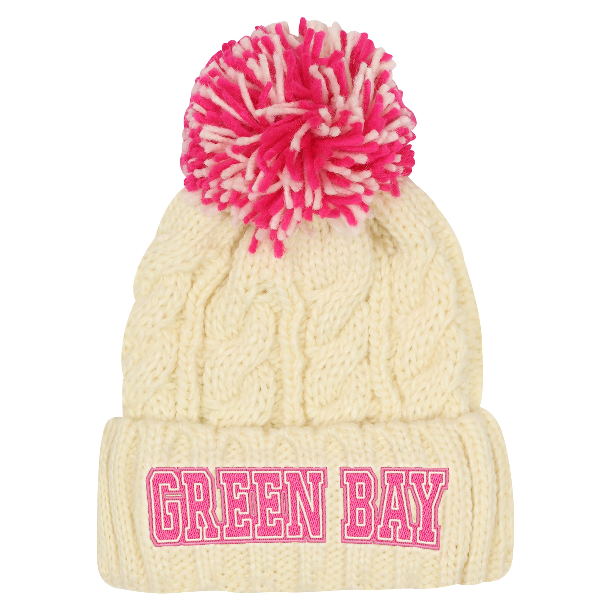 Girls Youth Outerstuff Cream Green Bay Packers Cable Cuffed Knit Hat with Pom