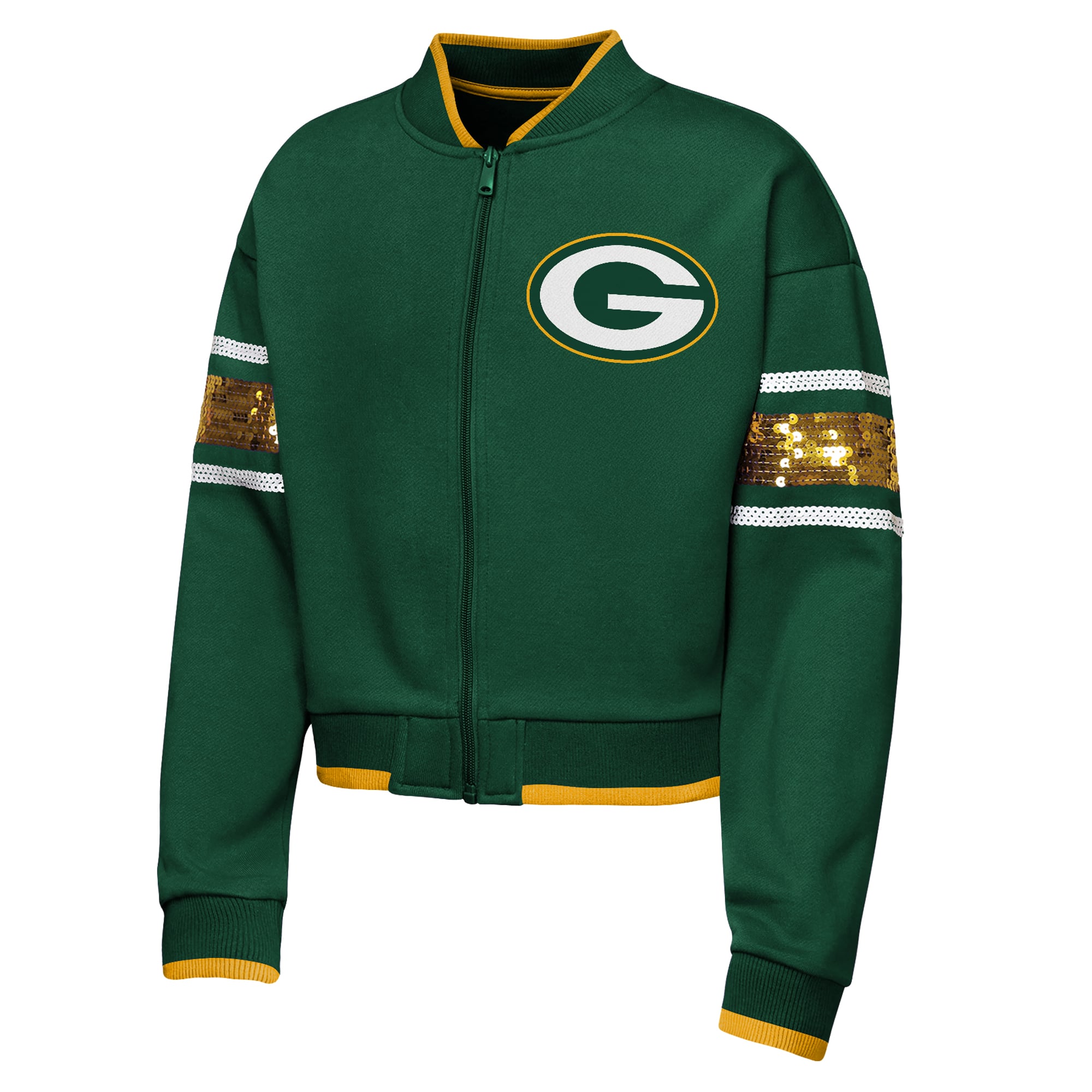 Girls Youth Outerstuff Green Bay Packers MVP Full-Zip Sequin Bomber Jacket
