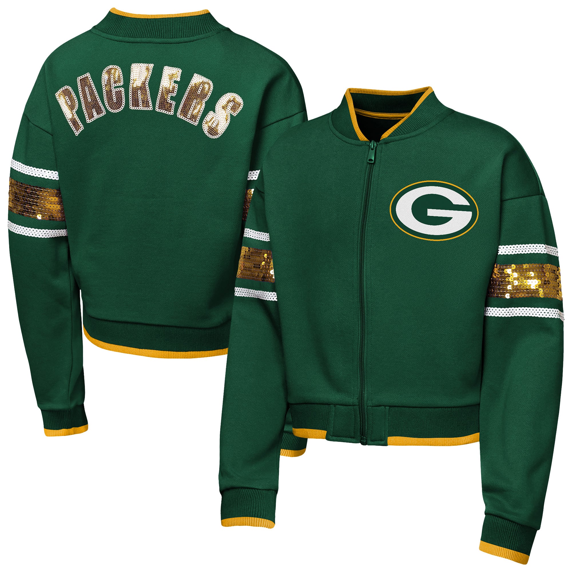 Girls Youth Outerstuff Green Bay Packers MVP Full-Zip Sequin Bomber Jacket