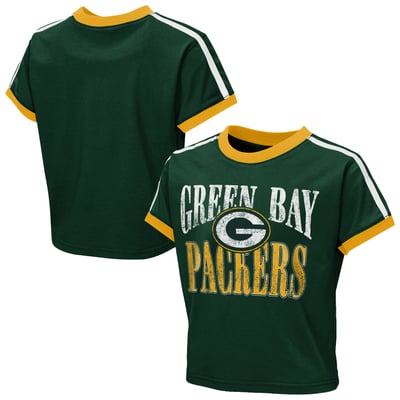  Green Bay Packers WEAR by Erin Andrews Girls Youth  Cropped Hail Mary Ringer Baby T-Shirt - Green