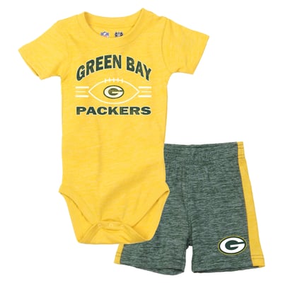 Green Bay Packers Wes & Willy Infant Cloudy Yard Hopper Bodysuit & Shorts Set - Gold/Green