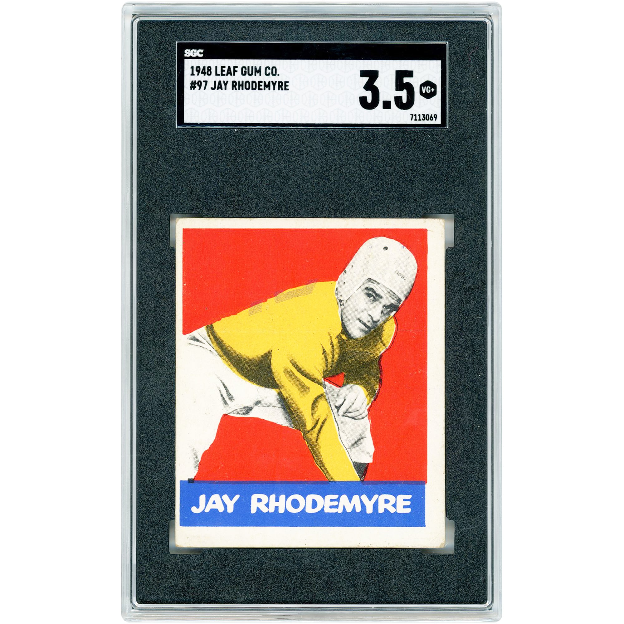 Carte de recrue Jay Rhodemyre, Green Bay Packers, 1948, Leaf Gum Co. n° 97, authentifiée SGC, note 3.5