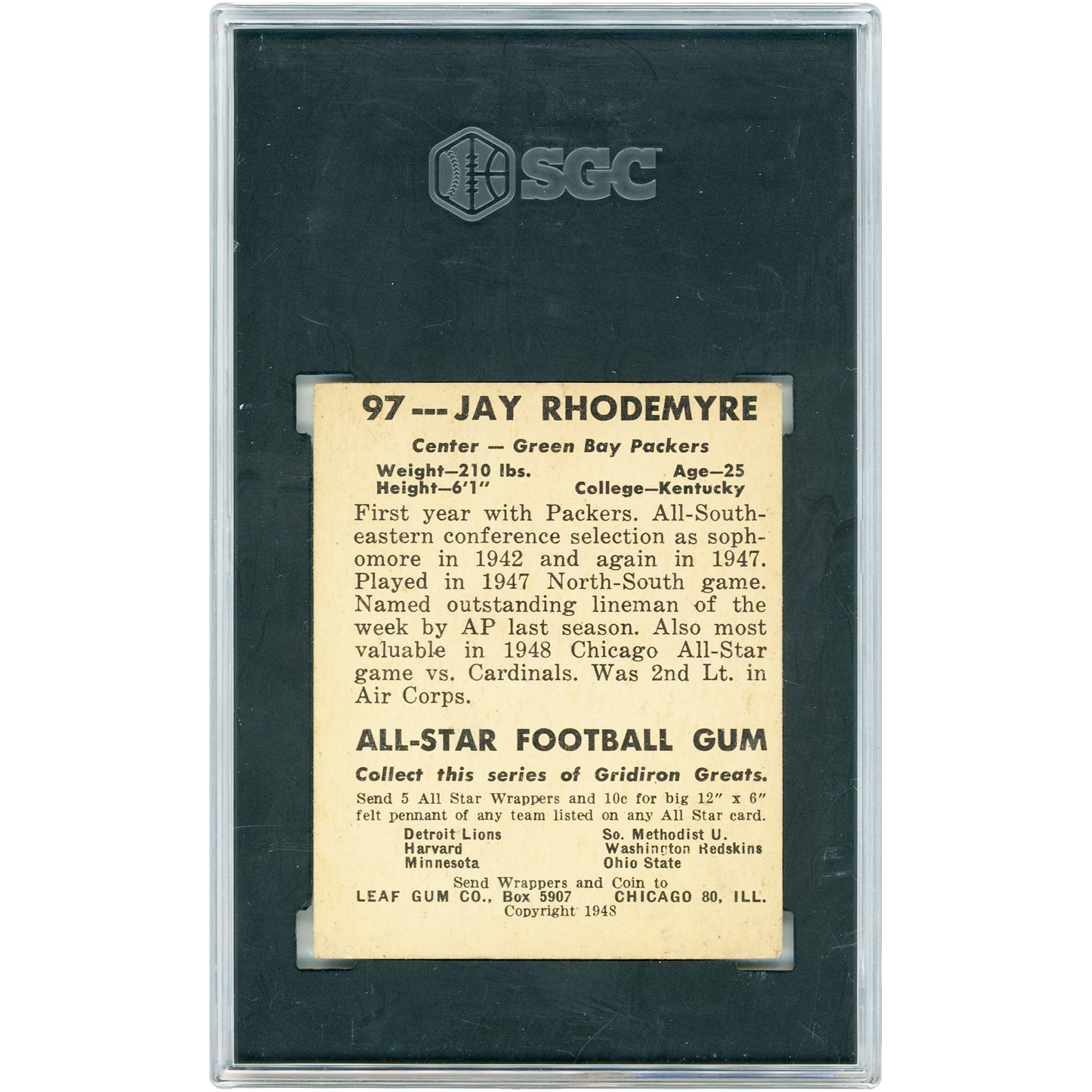 Carte de recrue Jay Rhodemyre, Green Bay Packers, 1948, Leaf Gum Co. n° 97, authentifiée SGC, note 3.5