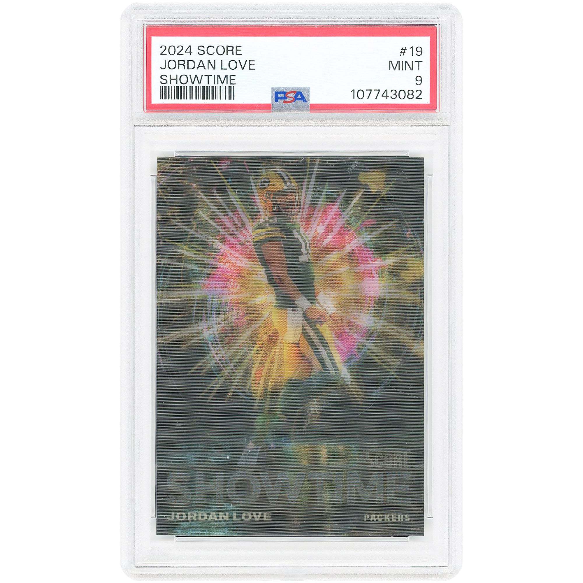Carte Jordan Love Green Bay Packers 2024 Panini Score Showtime Case Hit #19 authentifiée PSA 9