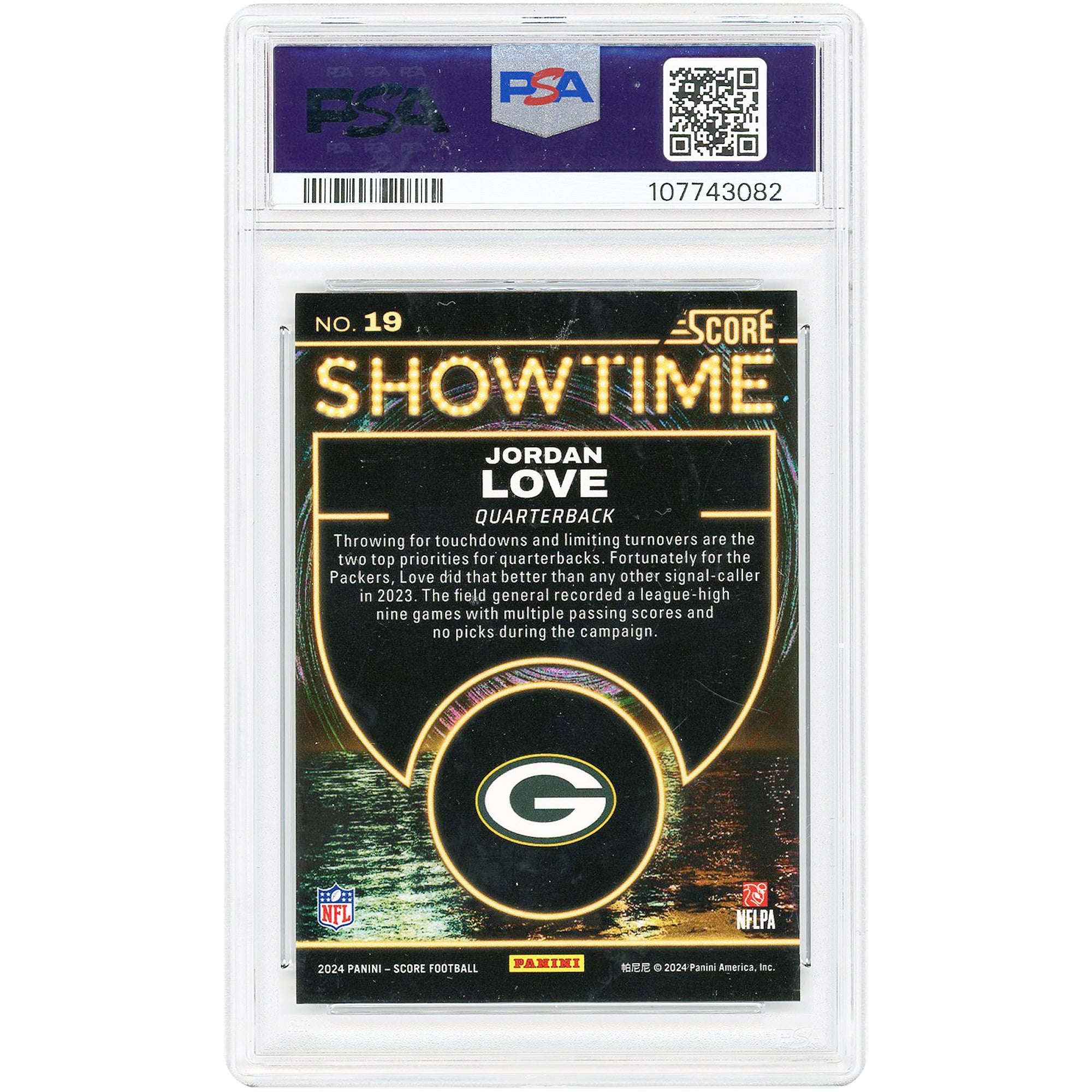 Carte Jordan Love Green Bay Packers 2024 Panini Score Showtime Case Hit #19 authentifiée PSA 9