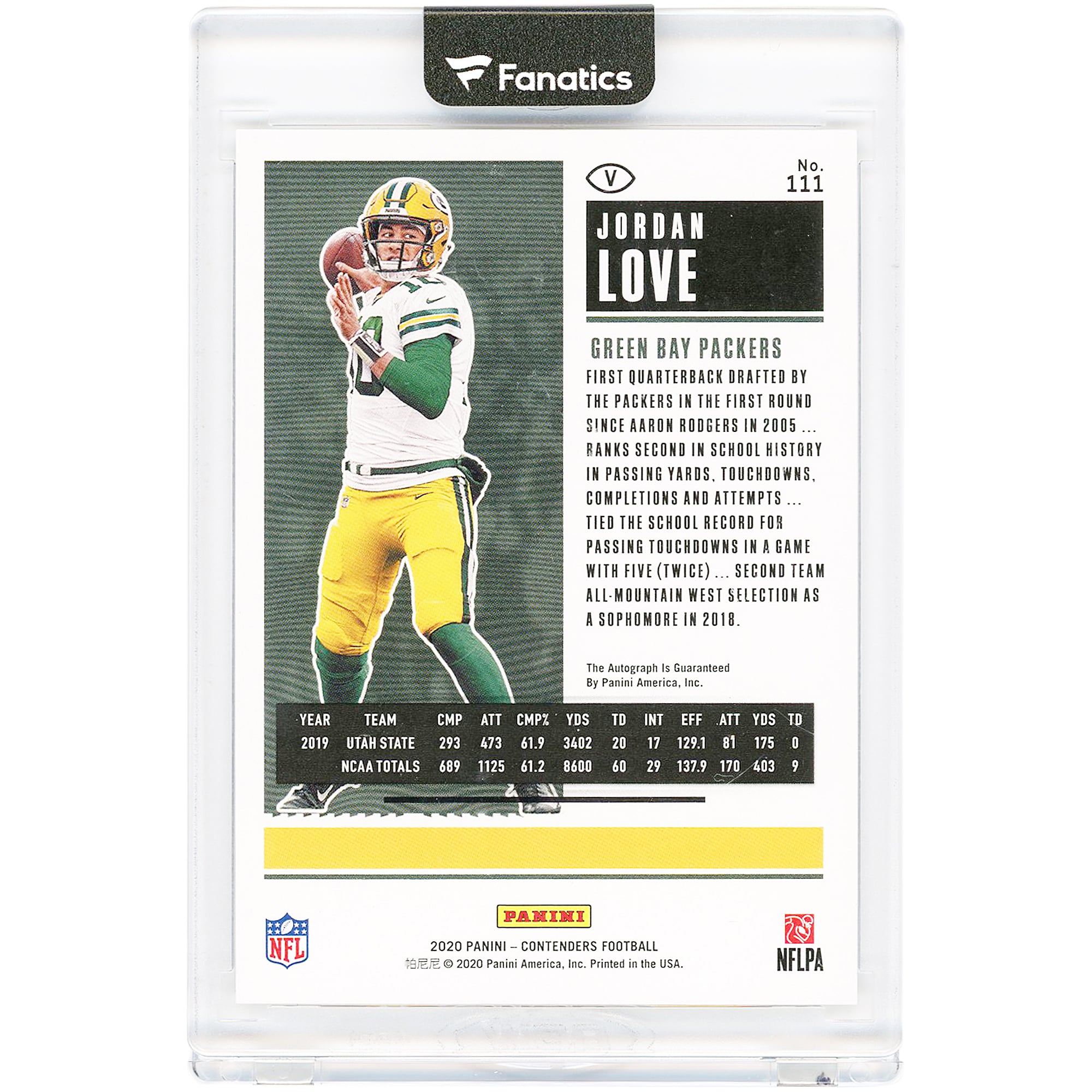 Jordan Love Green Bay Packers Autographed 2020 Panini Contenders Rookie Ticket #111 Rookie Card