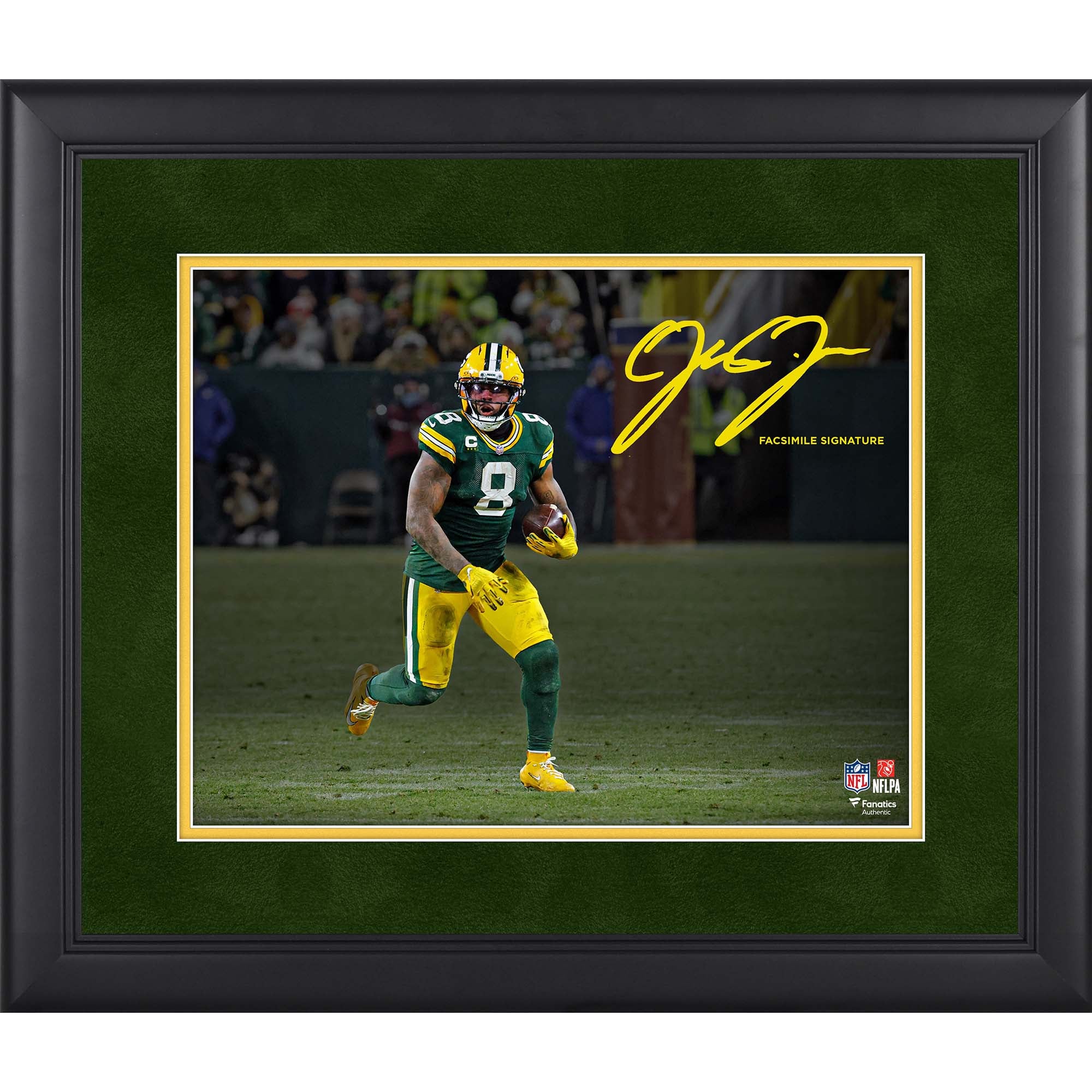 Photo encadrée avec fac-similé de la signature de Josh Jacobs (Green Bay Packers), format 11 x 14 pouces.