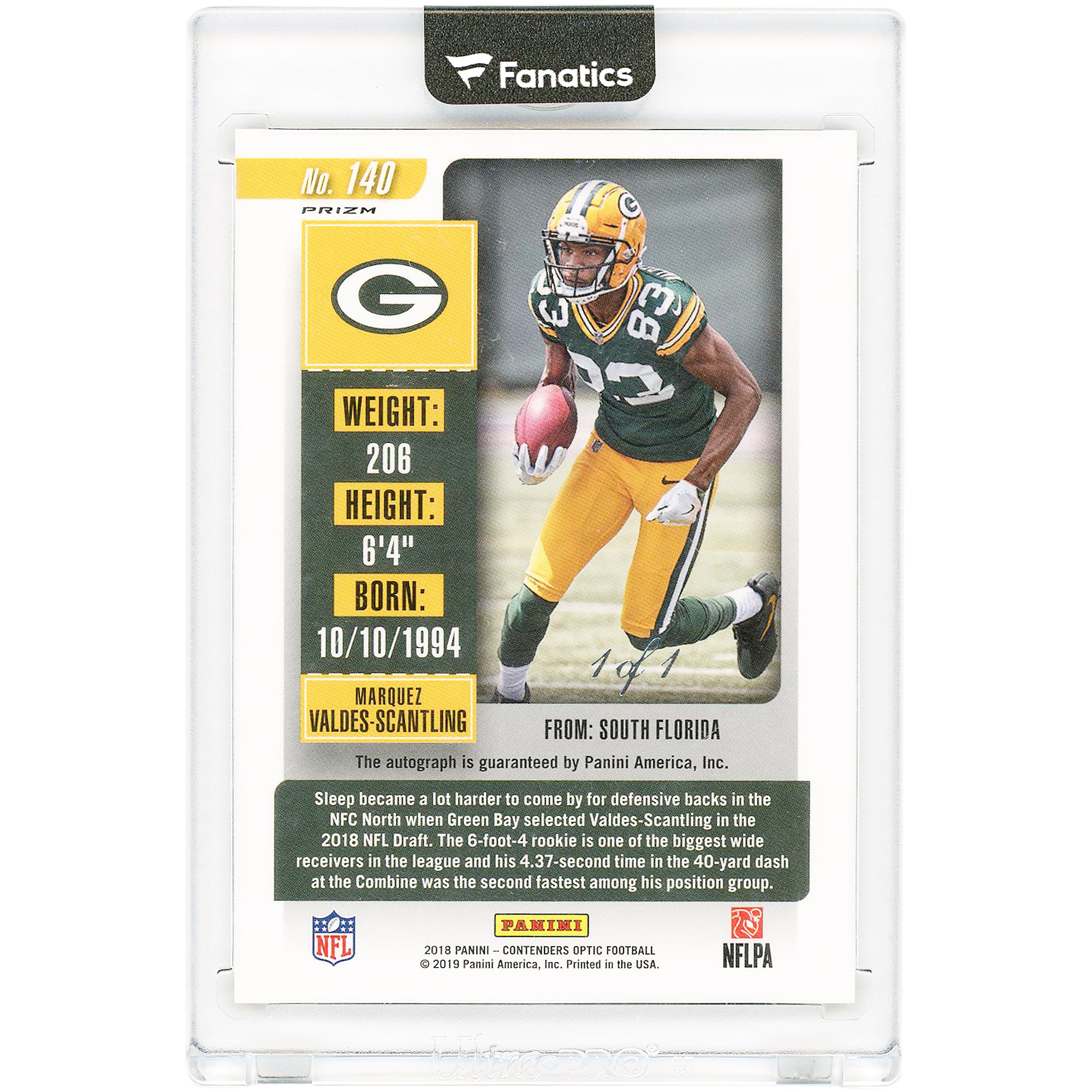 Carte de recrue autographiée Marquez Valdes-Scantling des Green Bay Packers 2018 Panini Contenders Optic Gold Vinyl #140 #1/1