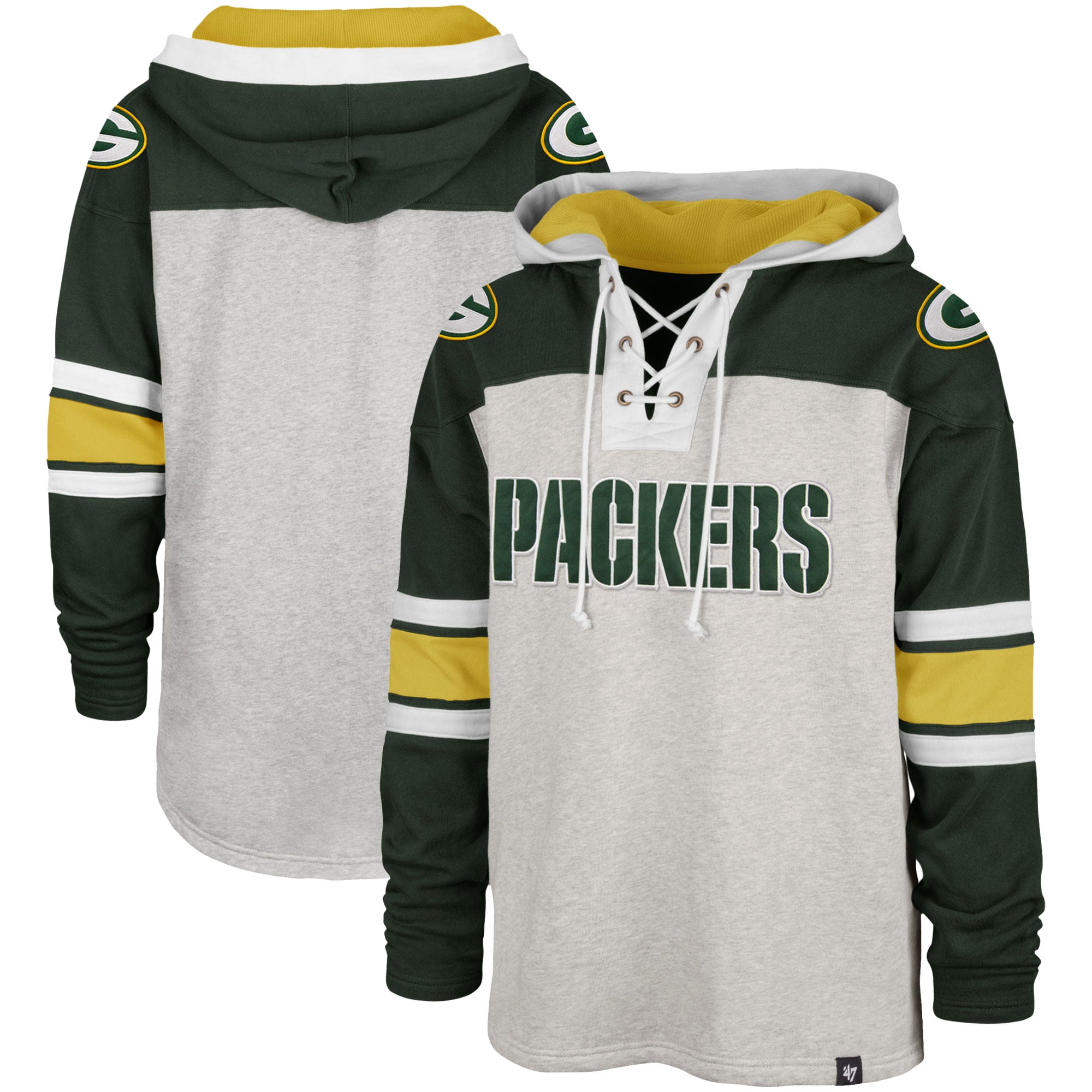 Chandail à lacets Gridiron des Packers de Green Bay '47 gris chiné/vert pour hommes - capuchon