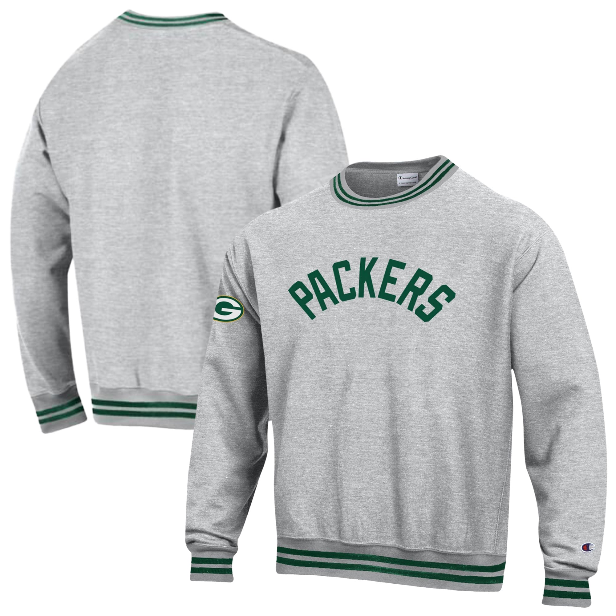Men's Champion Heather Gray/Green Green Bay Packers Reverse Weave Yarn Dye Sweatshirt